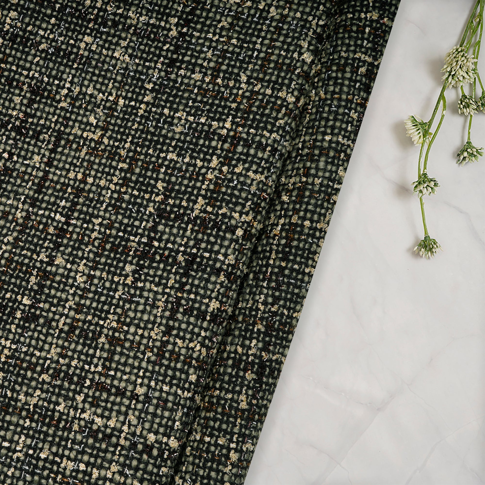 Black-Green Premium Shimmer Metallic Tweed Fabric (60" Width)