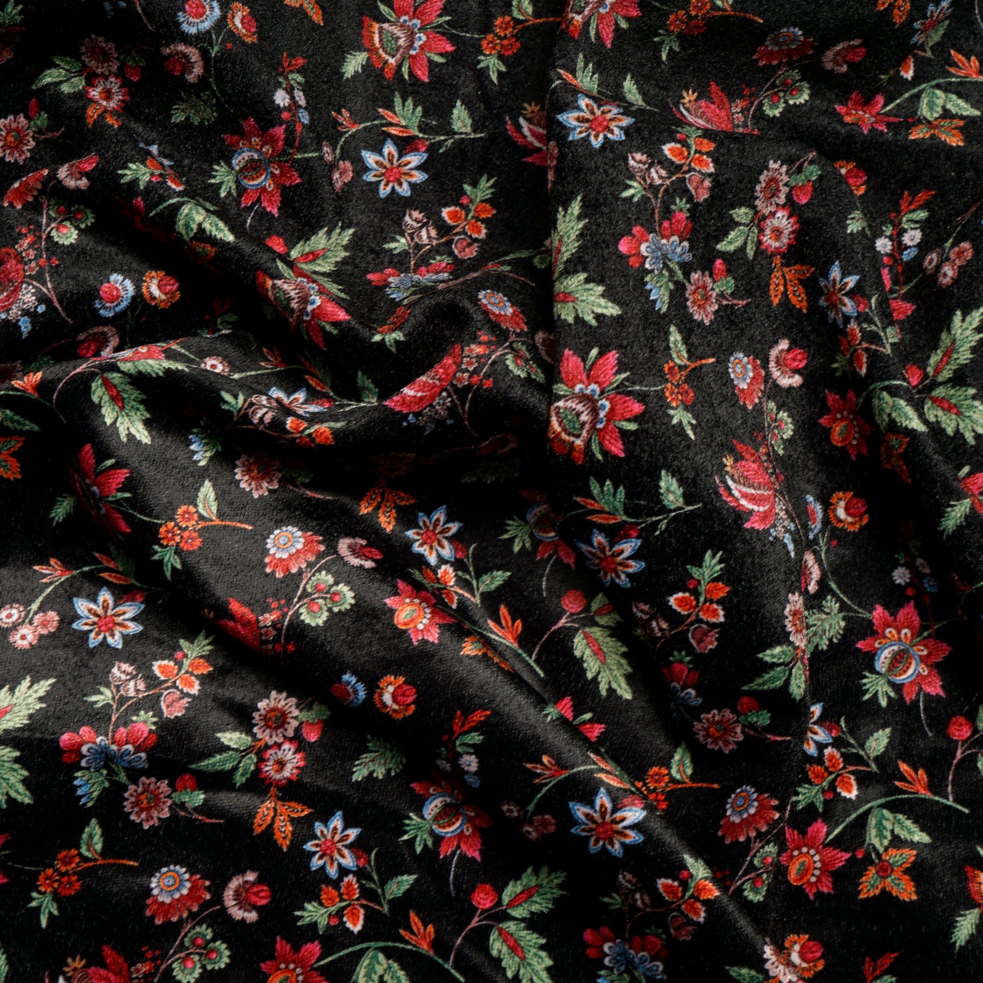 Black Floral Pattern Digital Printed Imported Polyester Velvet Fabric (44" Width)