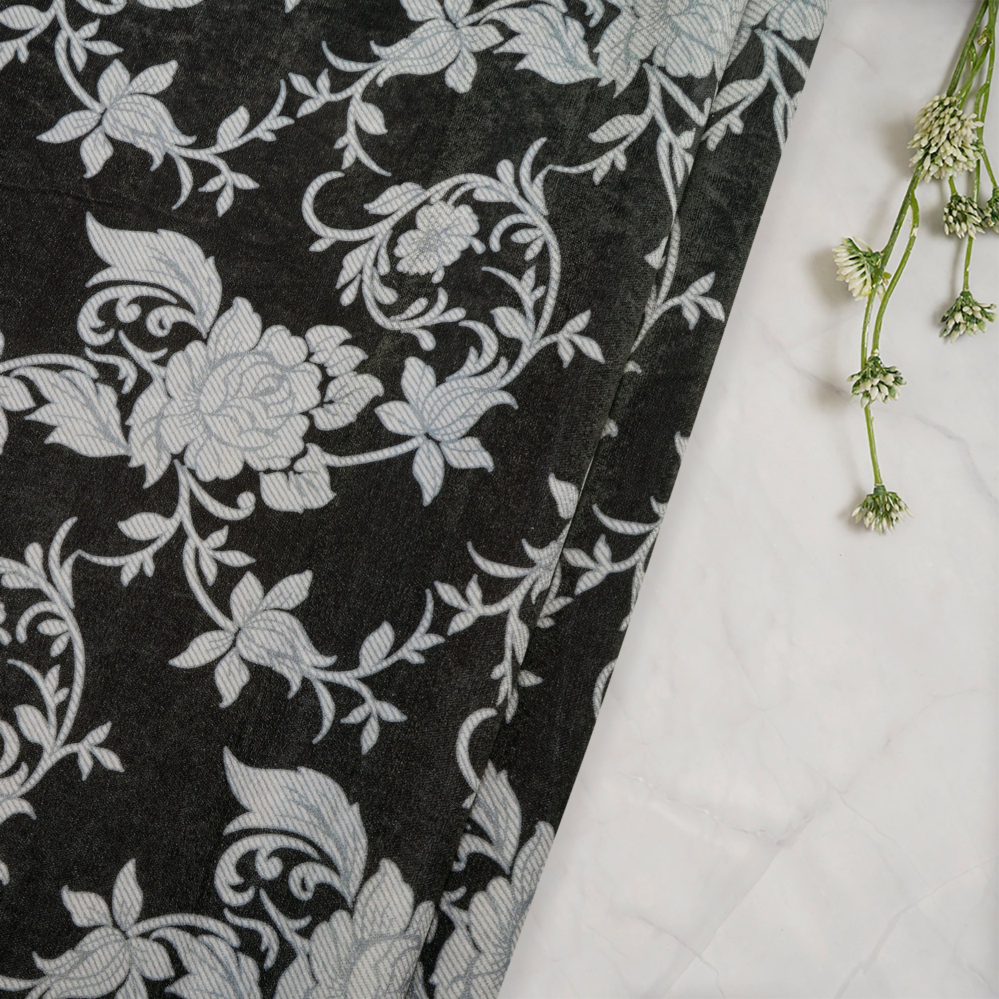 Black-White Floral Pattern Digital Printed Imported Polyester Velvet Fabric (44" Width)