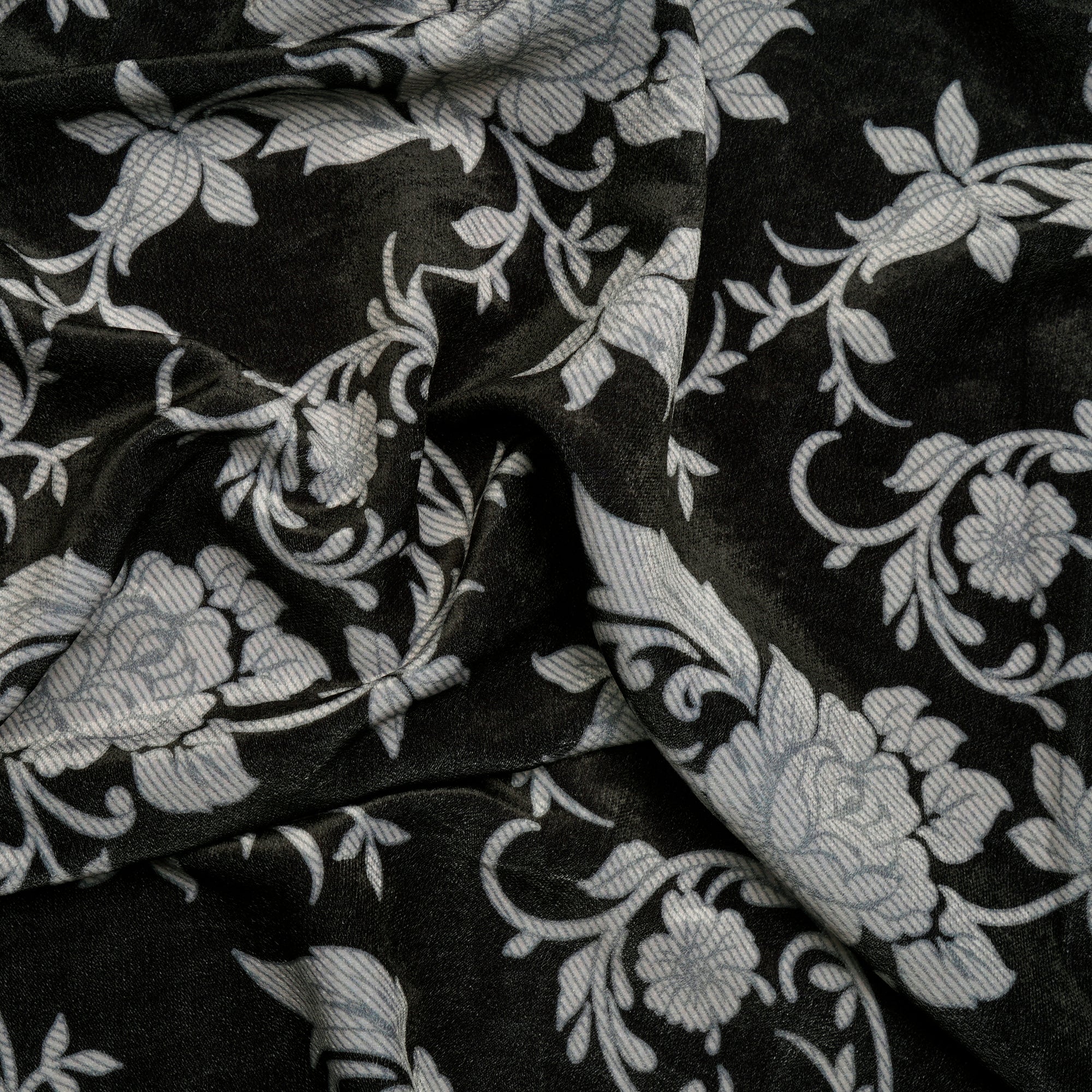 Black-White Floral Pattern Digital Printed Imported Polyester Velvet Fabric (44" Width)
