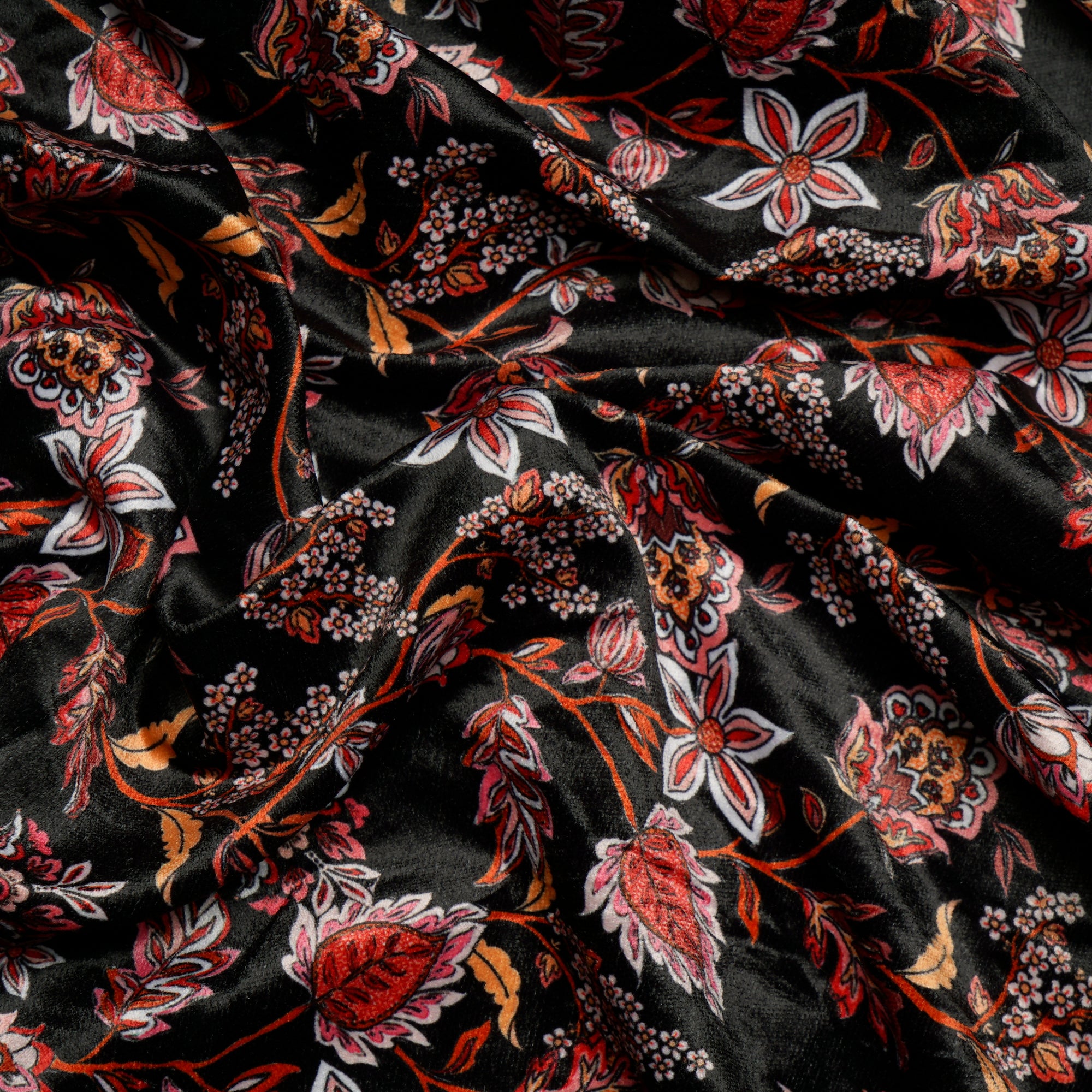 Black Floral Pattern Digital Printed Imported Polyester Velvet Fabric (44" Width)