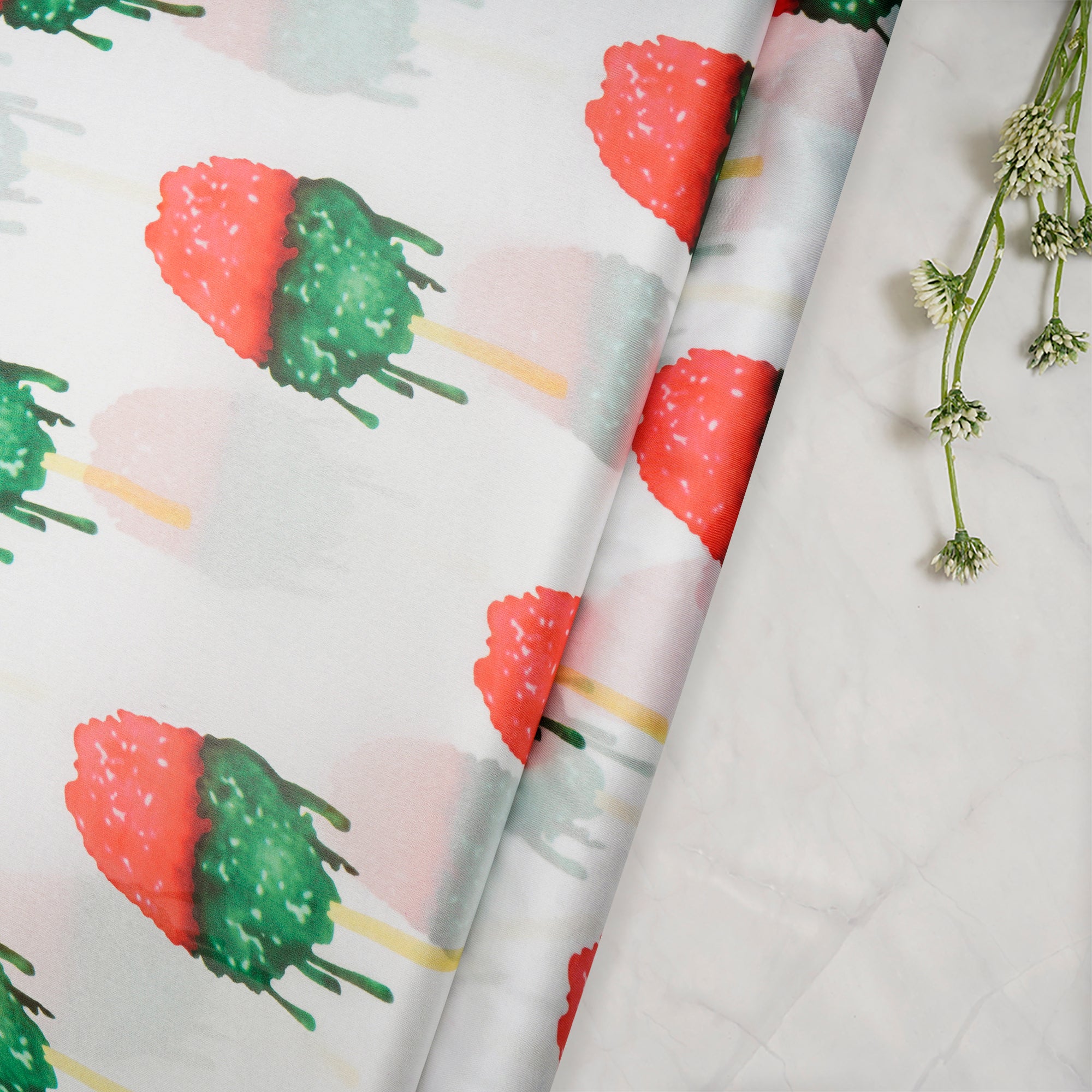 White Motif Pattern Digital Printed Georgette Satin Fabric