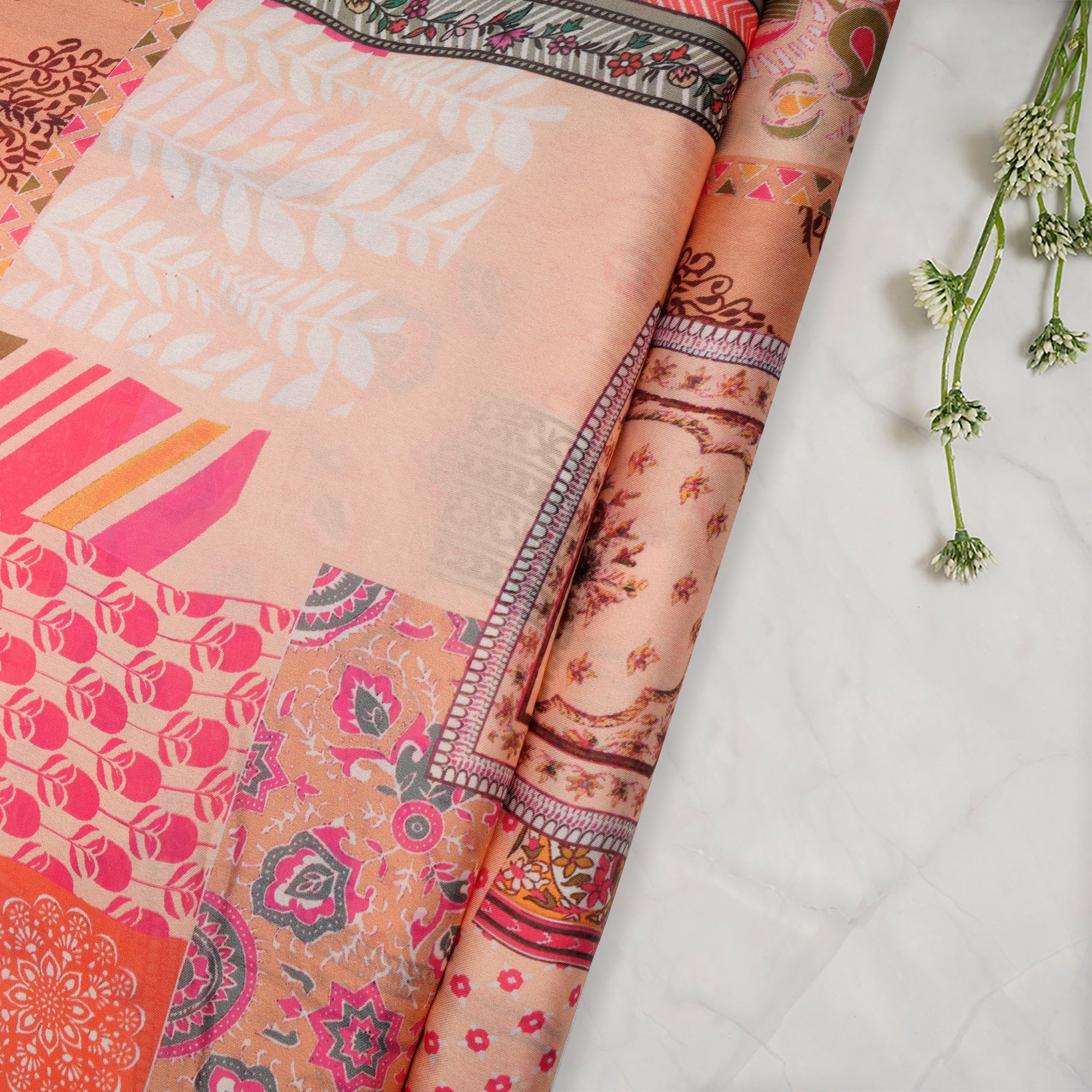 Beige-Pink Floral Pattern Digital Printed Georgette Satin Fabric