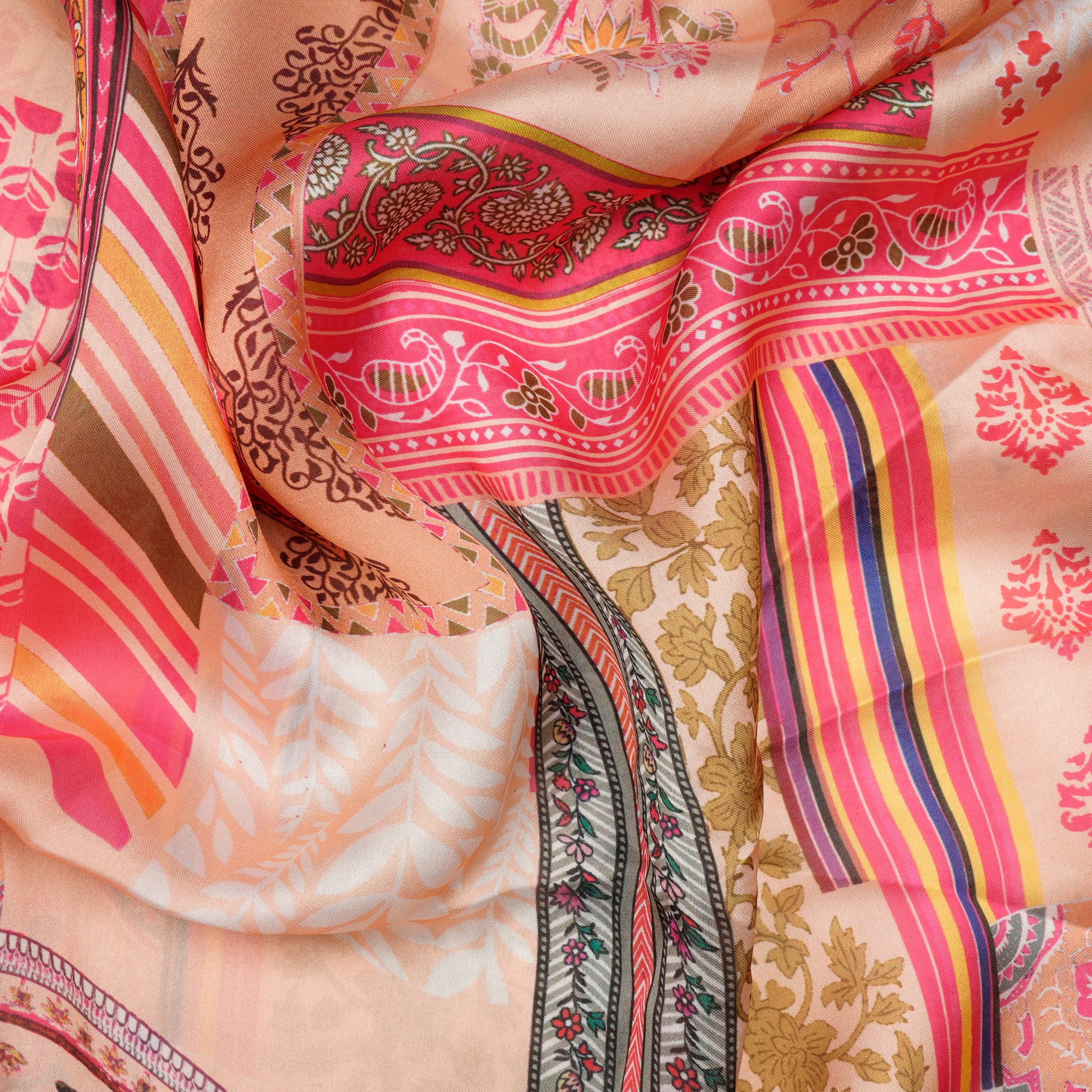 Beige-Pink Floral Pattern Digital Printed Georgette Satin Fabric