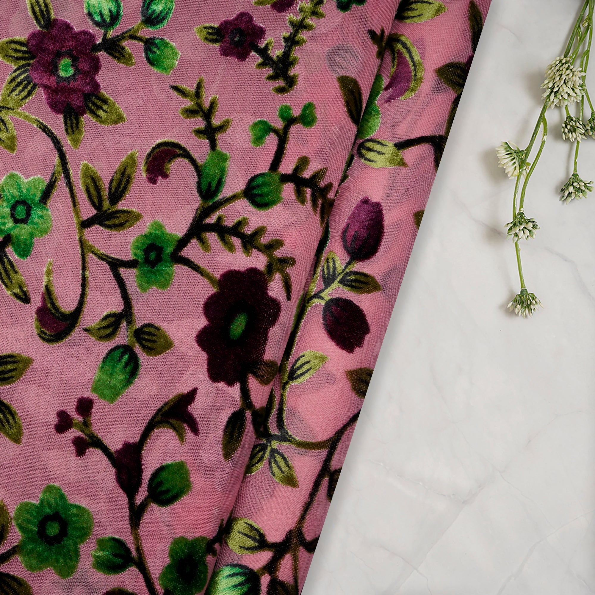 Dark Pink Floral Pattern Digital Printed Burn-Out (Devore) Silk Velvet Fabric
