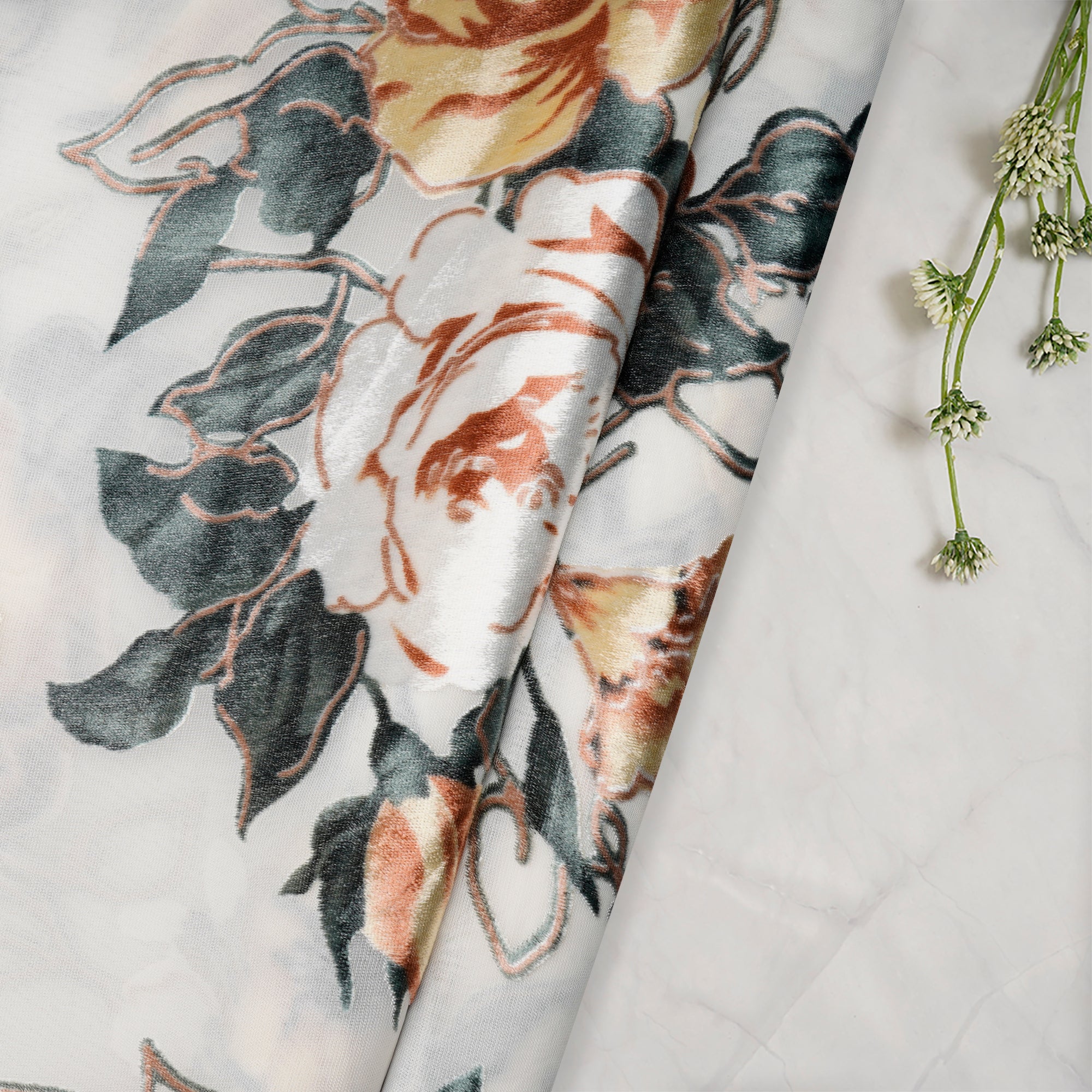White Floral Pattern Digital Printed Burn-Out (Devore) Poly Velvet Fabric