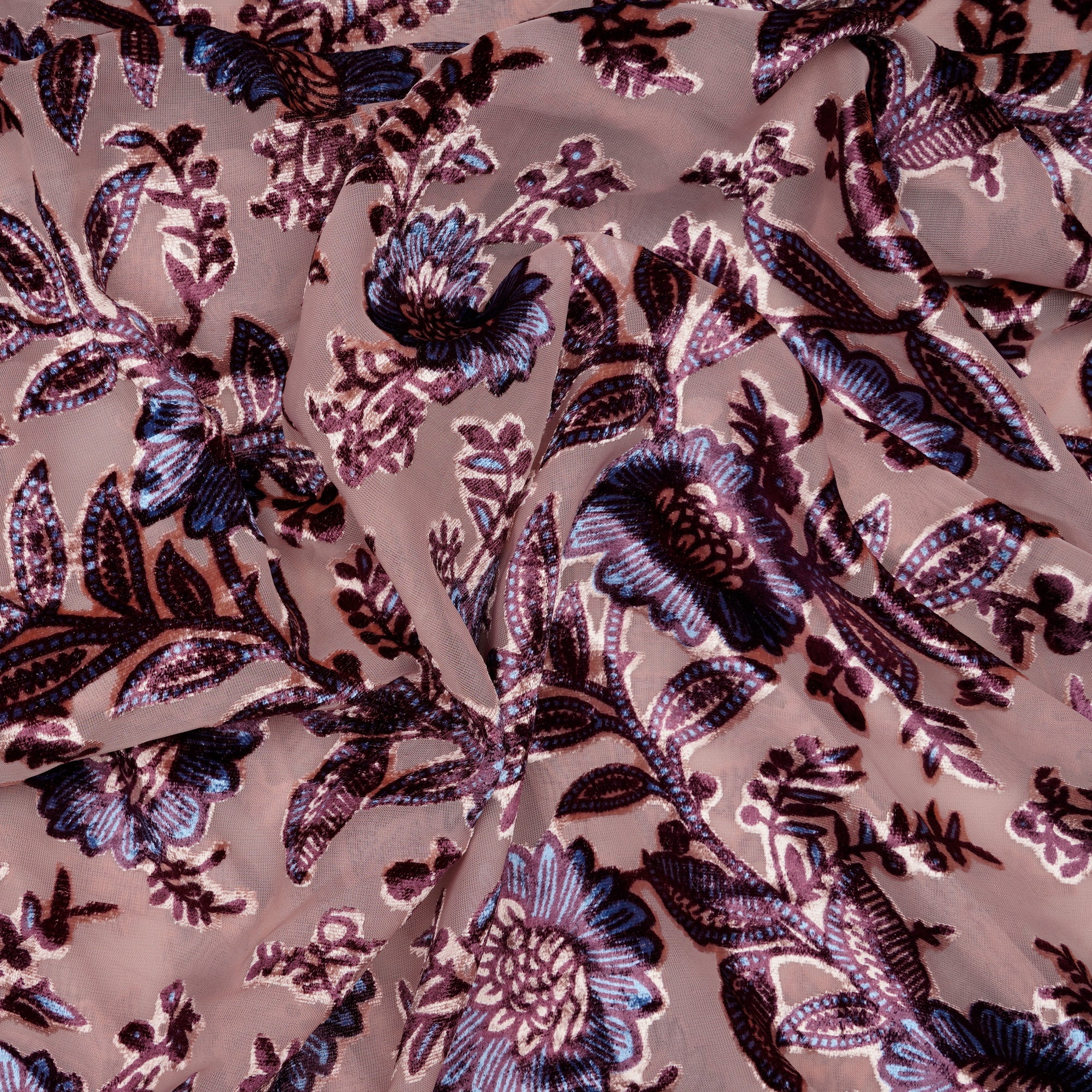 Peach Floral Pattern Digital Printed Burn-Out (Devore) Poly Velvet Fabric