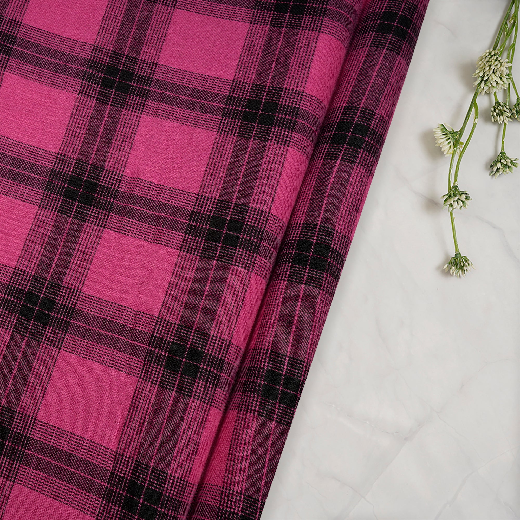 Pink-Black Yarn Dyed Cotton Twill Check Fabric (54" Width)