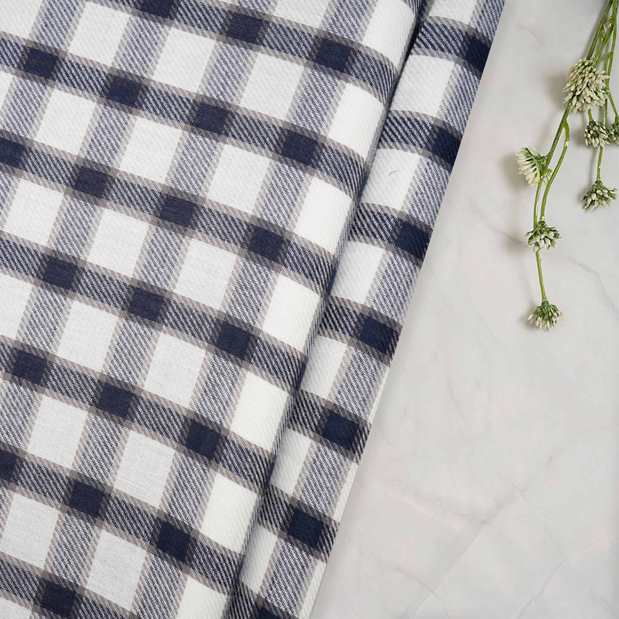 White-Blue Yarn Dyed Cotton Twill Check Fabric (54" Width)