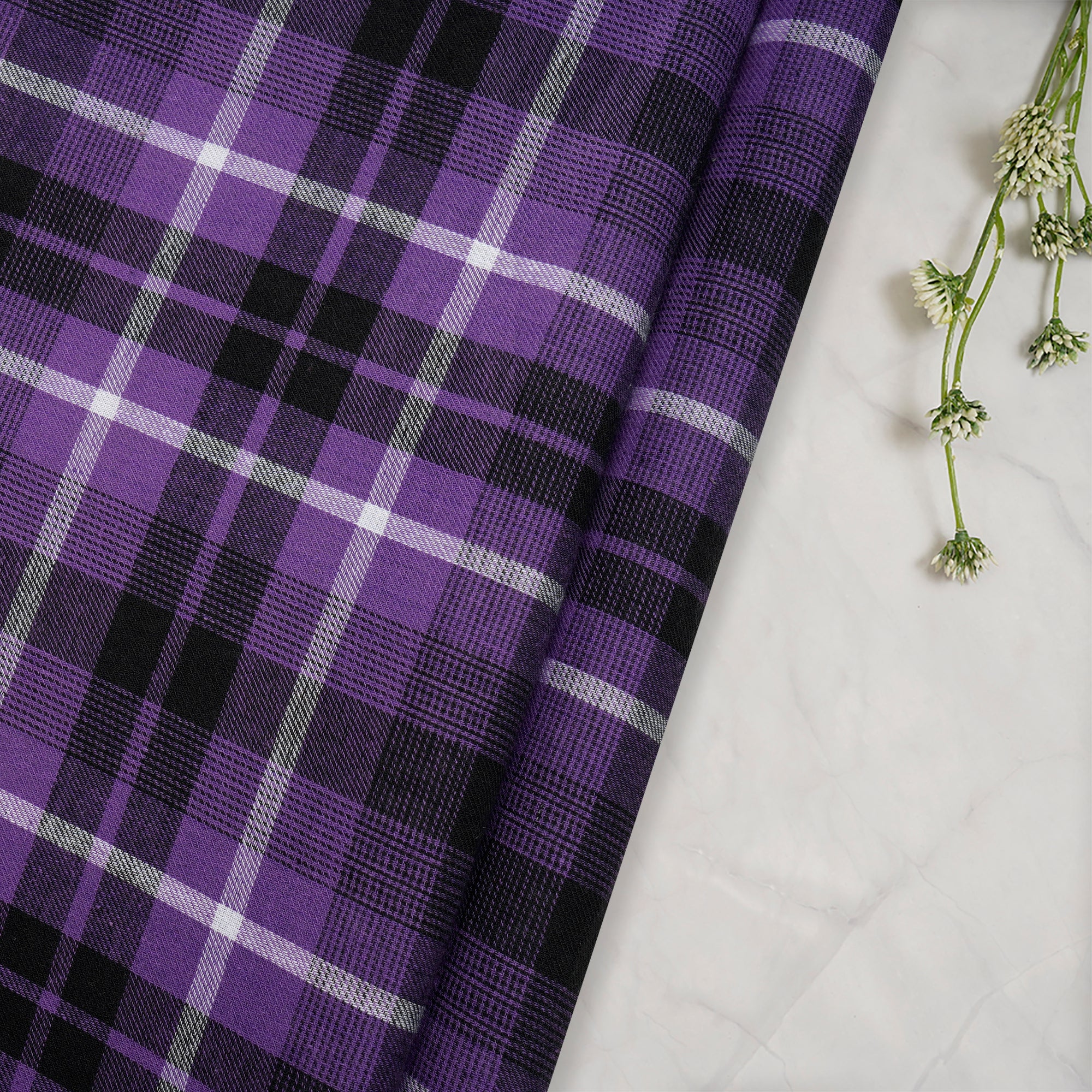 Purple-Black Yarn Dyed Cotton Twill Check Fabric (54" Width)