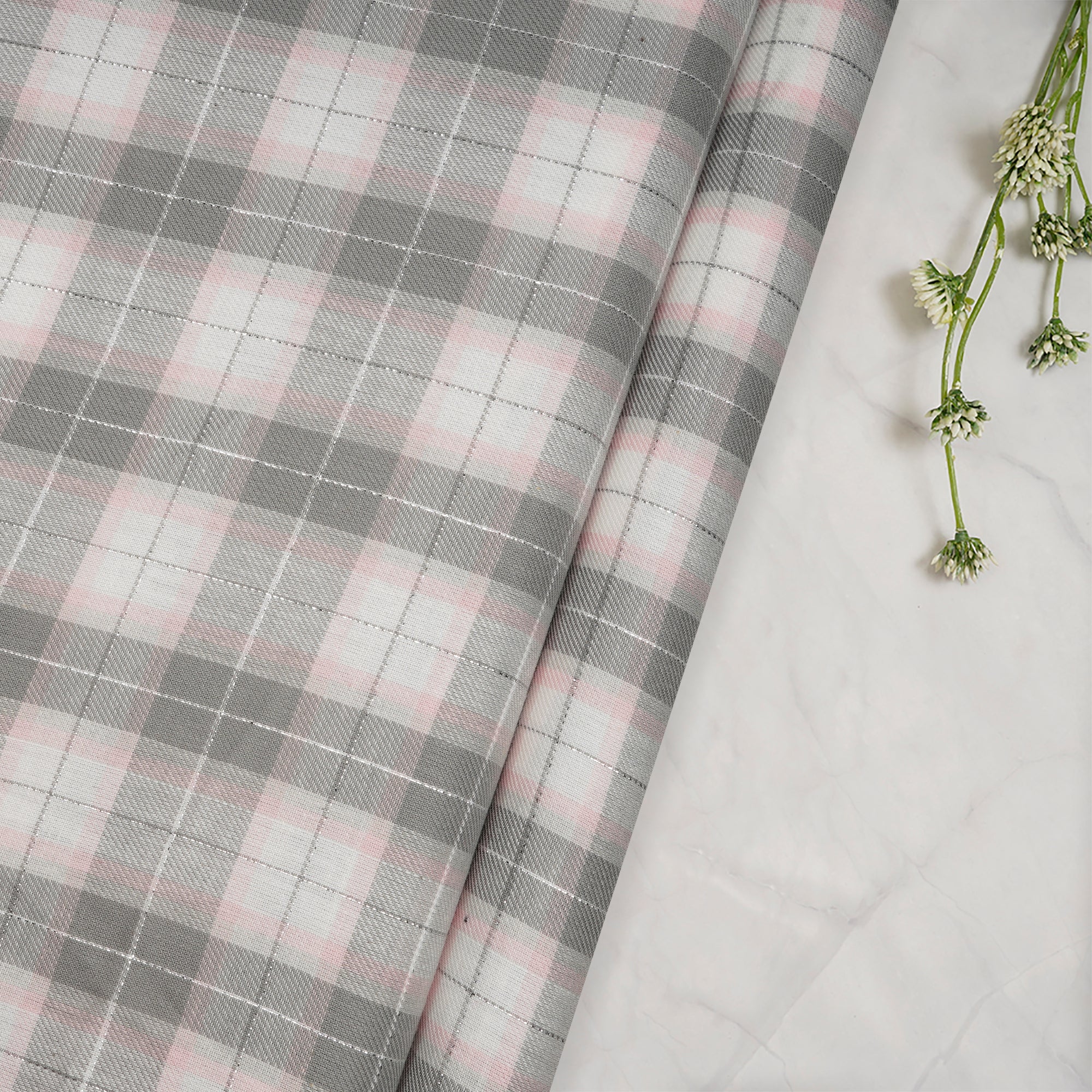 Grey-Pink Yarn Dyed Cotton Twill Check Fabric (54" Width)