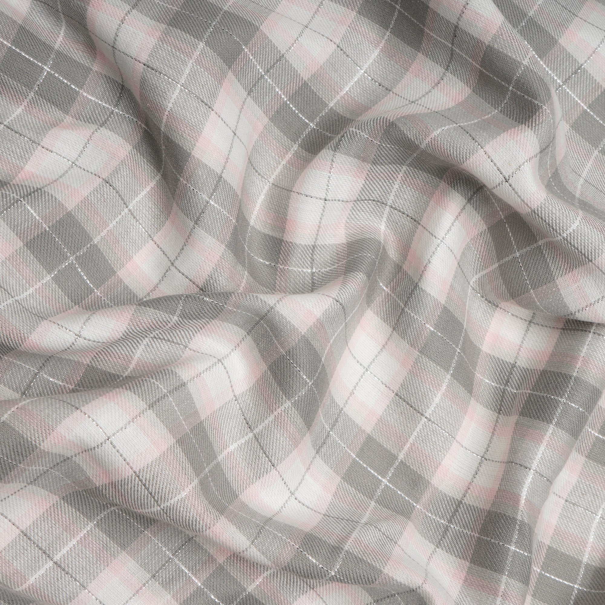 Grey-Pink Yarn Dyed Cotton Twill Check Fabric (54" Width)