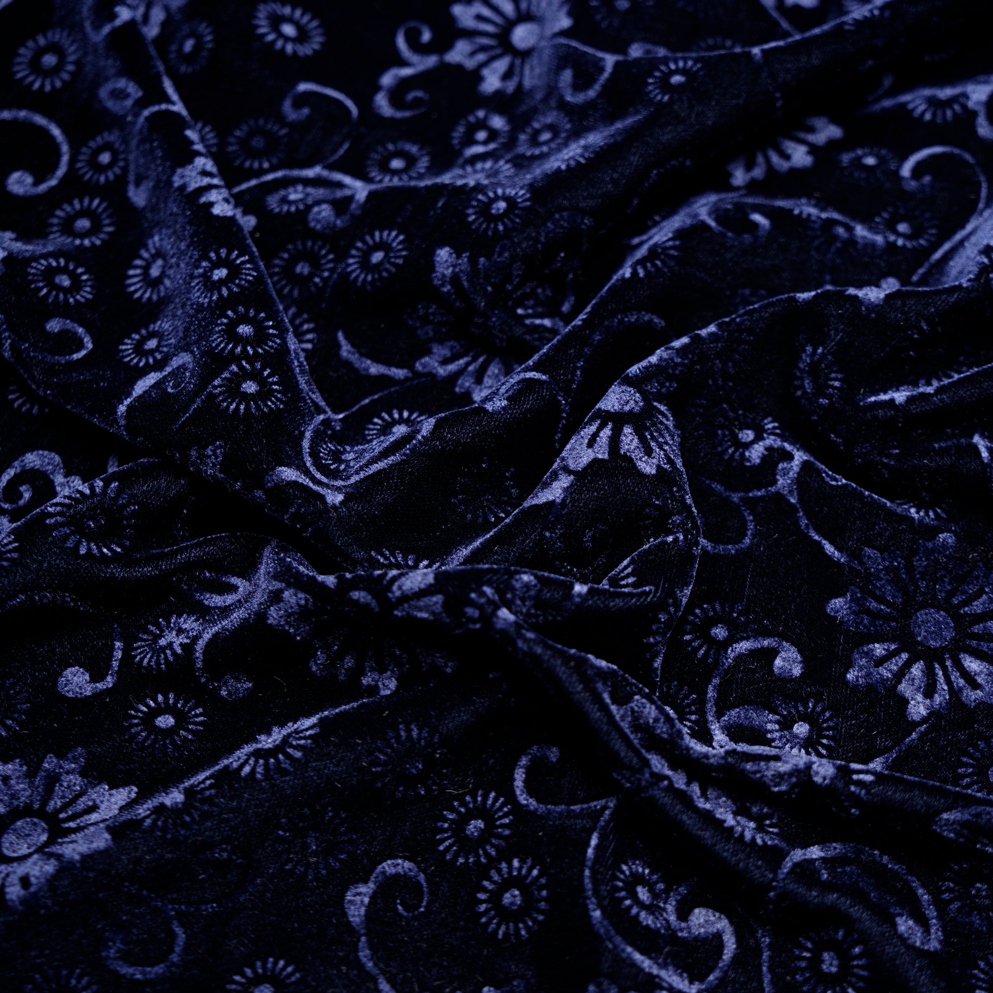 Mood Indigo Floral Pattern Premium Embossed Printed Velvet Fabric