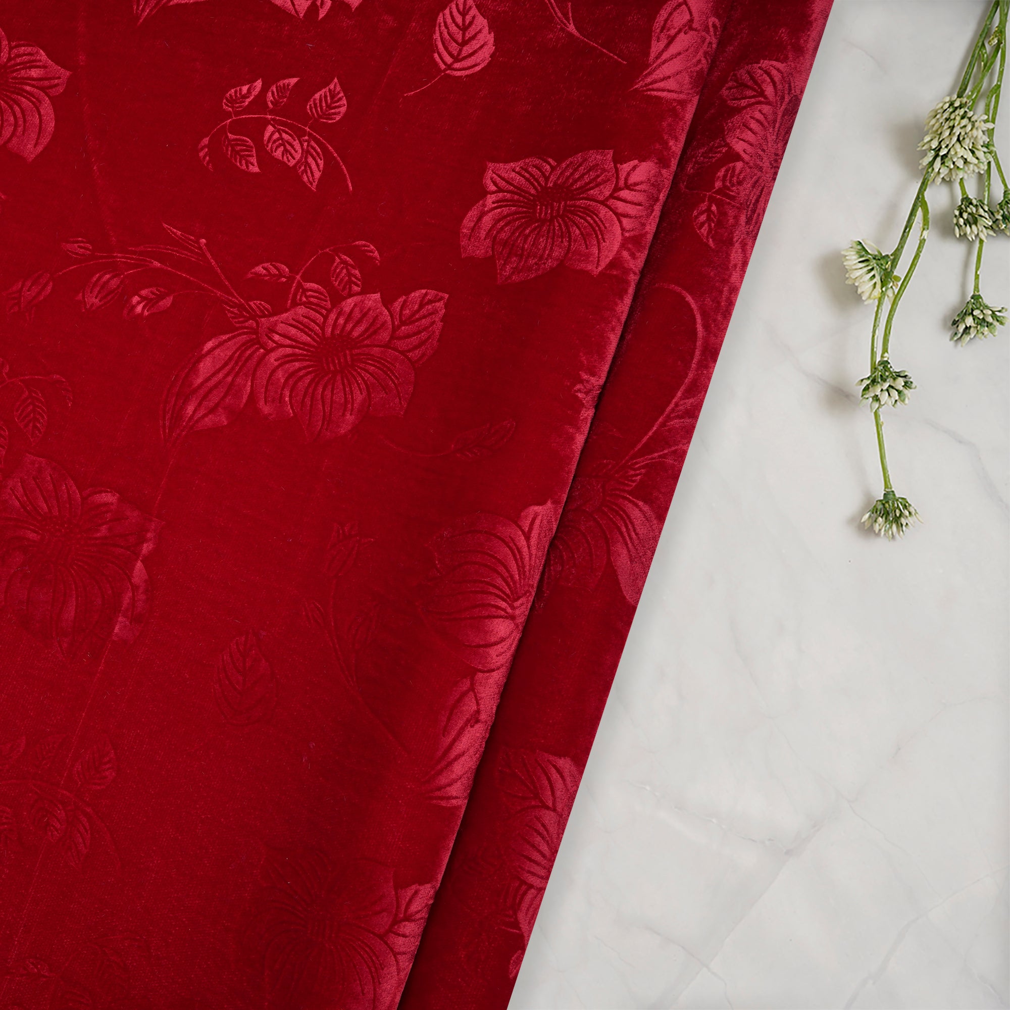 Red Floral Pattern Premium Embossed Printed Velvet Fabric