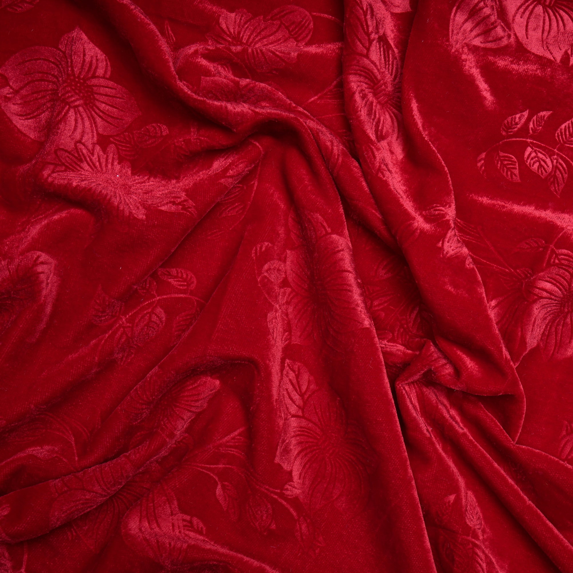 Red Floral Pattern Premium Embossed Printed Velvet Fabric