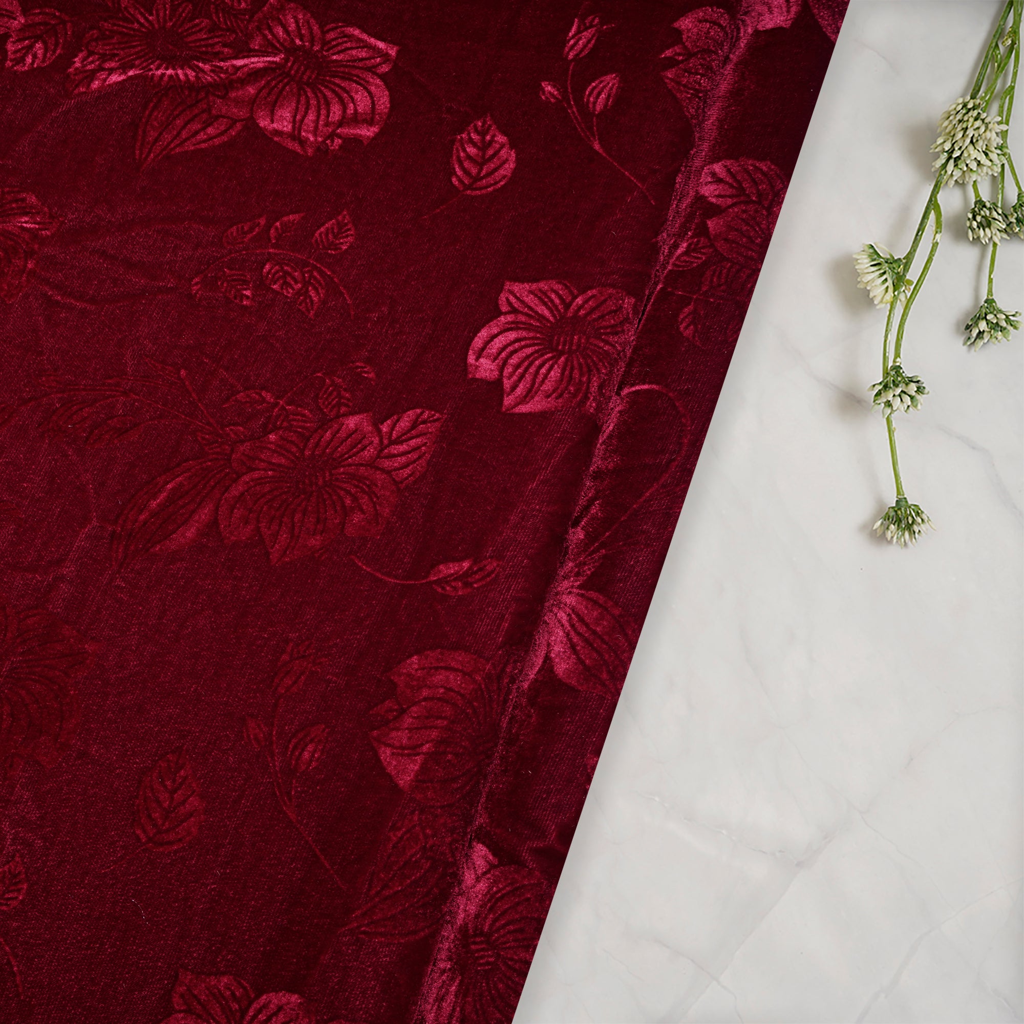 Maroon Floral Pattern Premium Embossed Printed Velvet Fabric