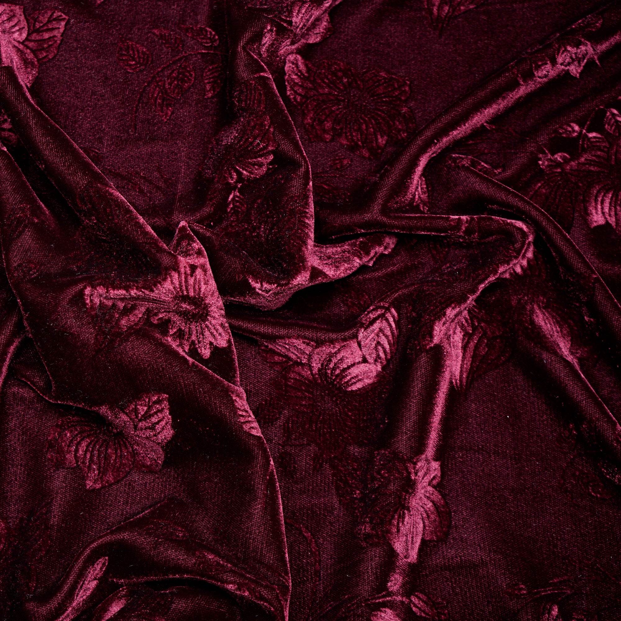 Tawny Port Floral Pattern Premium Embossed Printed Velvet Fabric