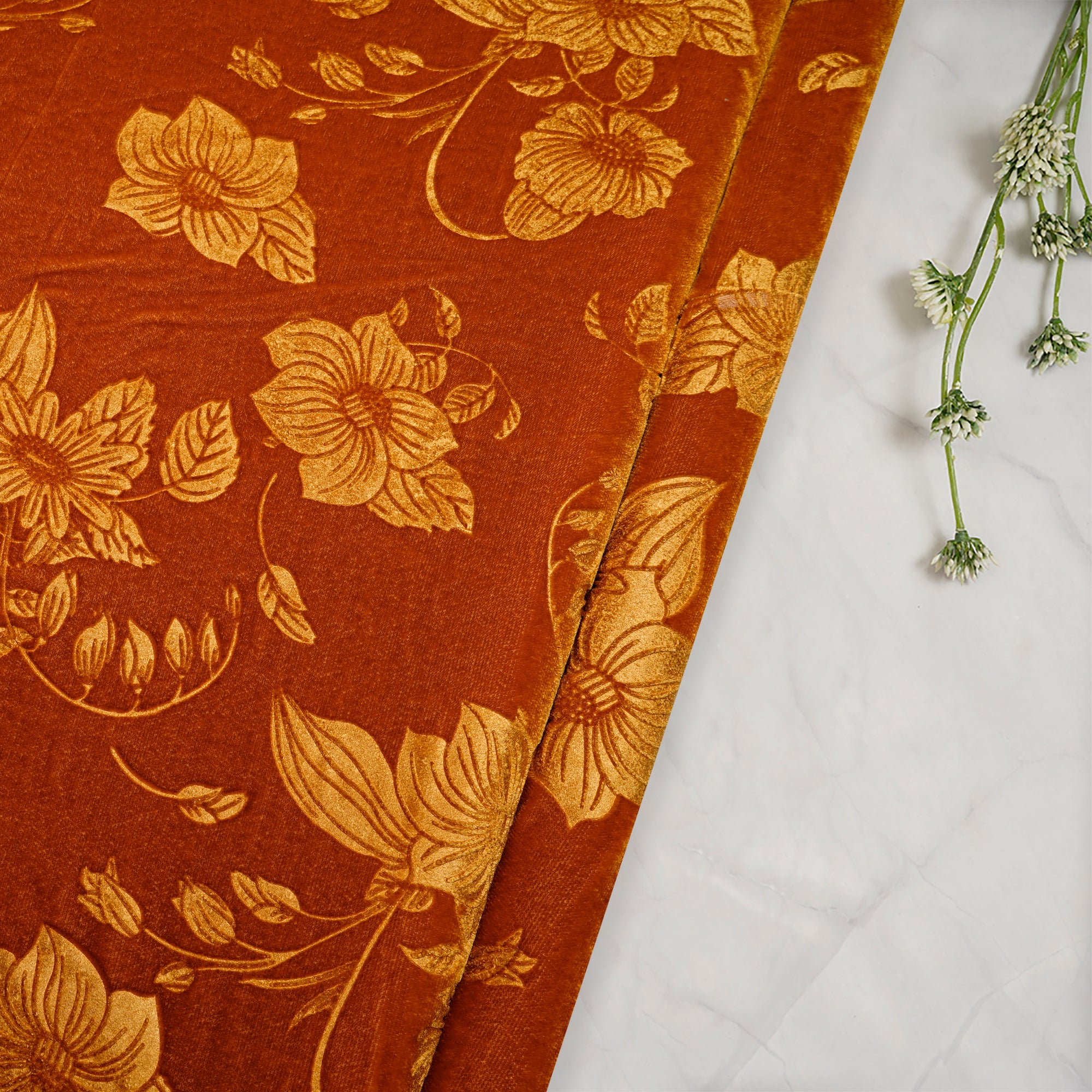 Mustard Floral Pattern Premium Embossed Printed Velvet Fabric