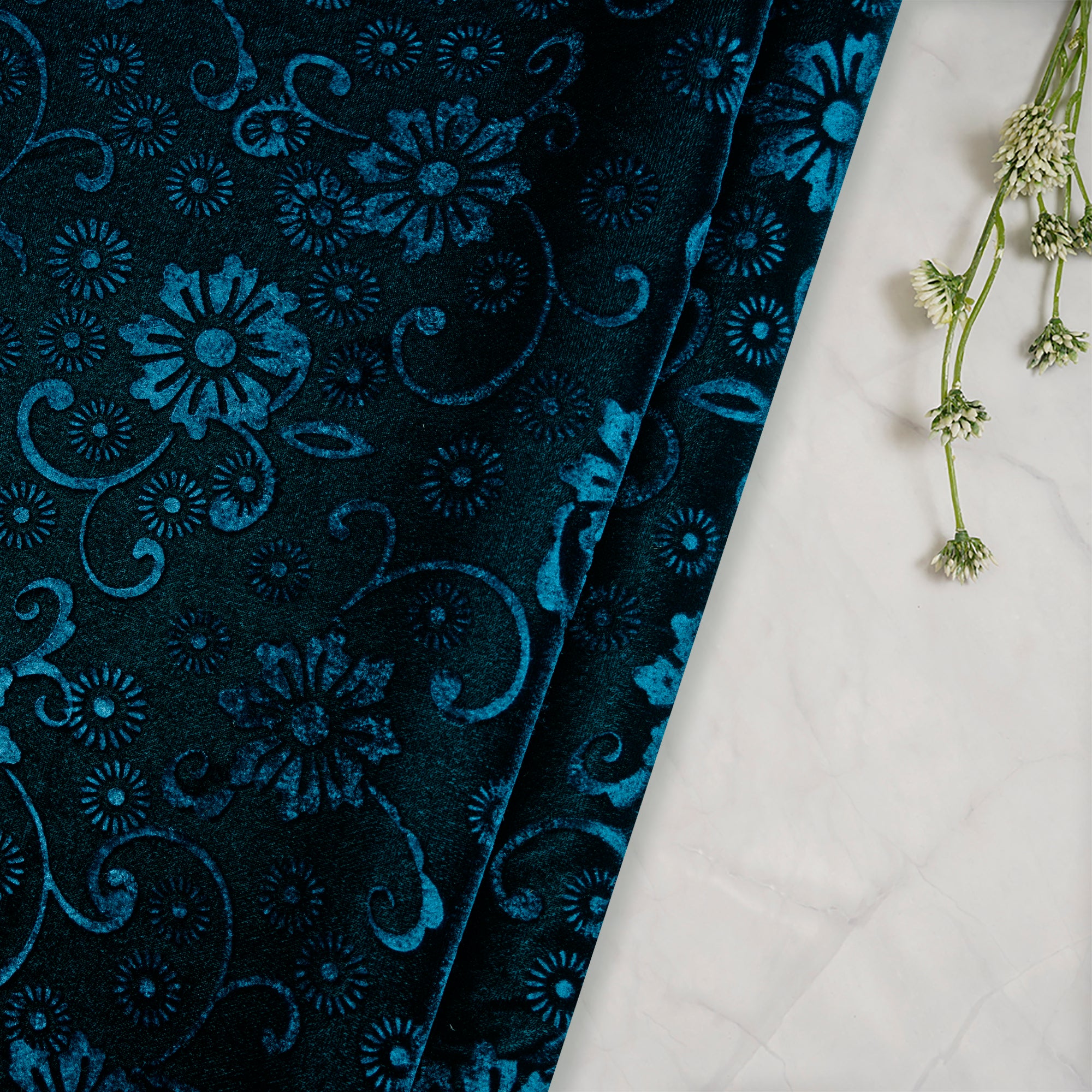 Buy Navy Blue Floral Pattern Premium Embossed Printed Velvet Fabric @ Rs.1429  per meter