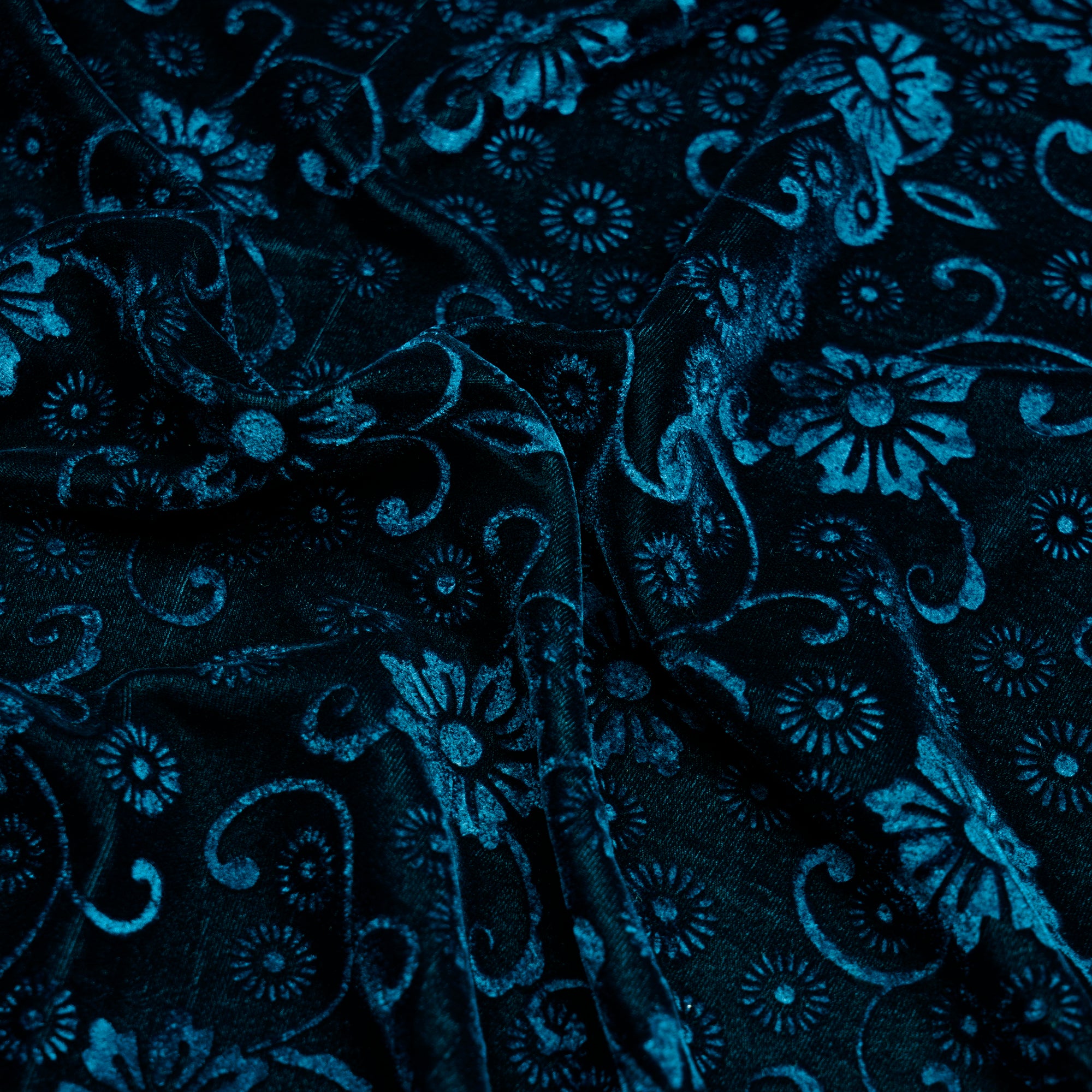Navy Blue Floral Pattern Premium Embossed Printed Velvet Fabric