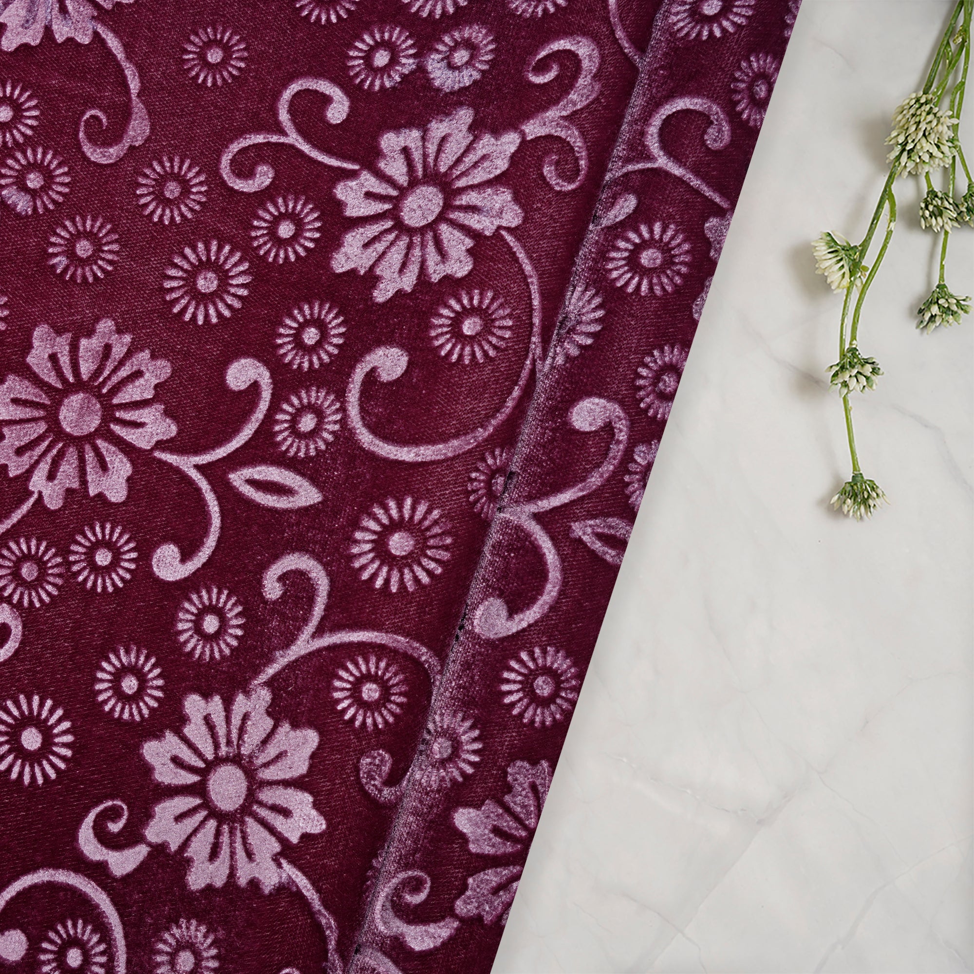 Deauville Mauve Floral Pattern Premium Embossed Printed Velvet Fabric