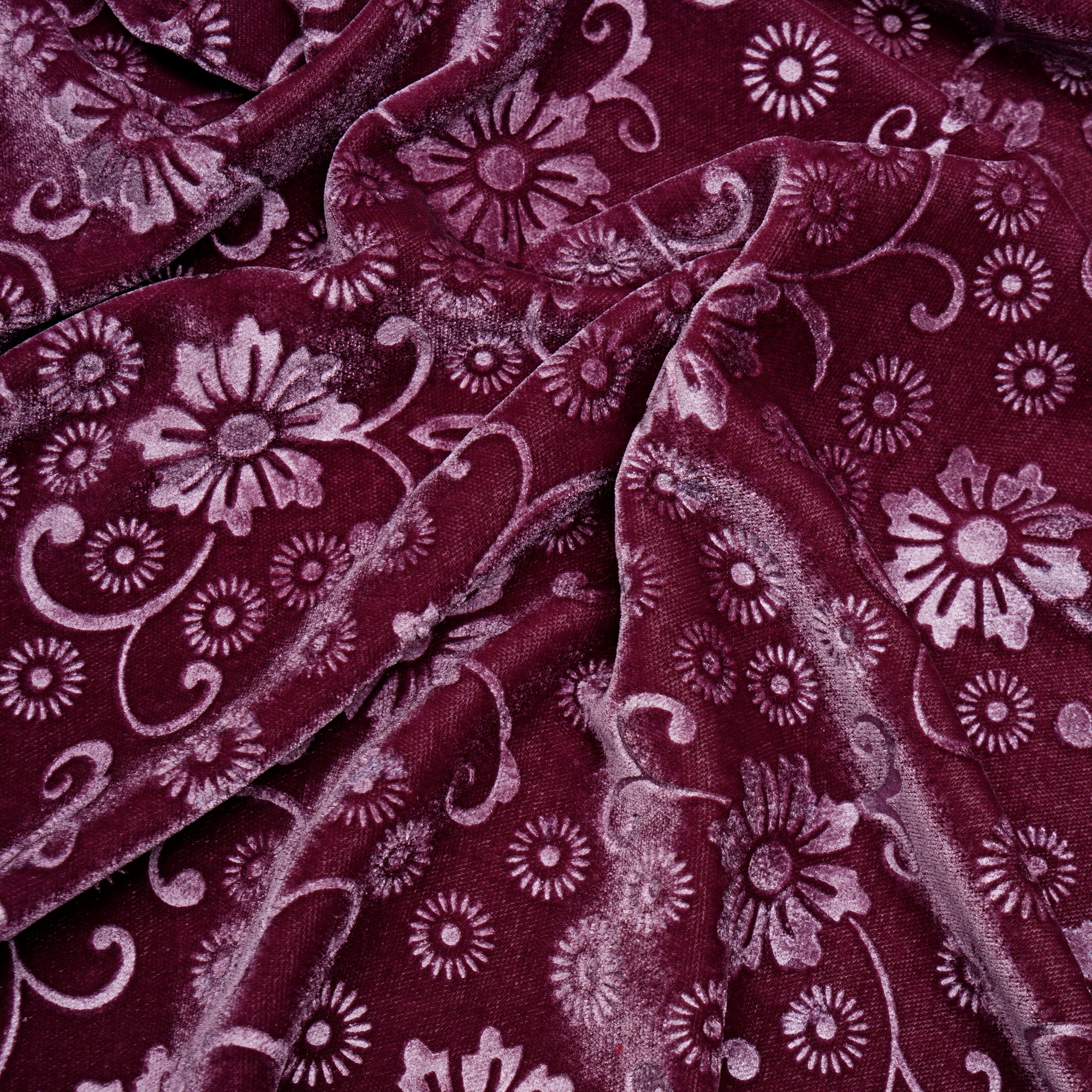 Deauville Mauve Floral Pattern Premium Embossed Printed Velvet Fabric