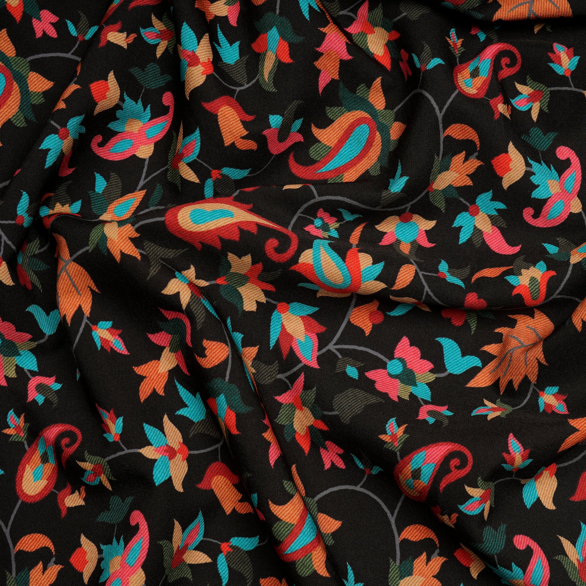 Black Floral Pattern Digital Printed Cherry Crepe Fabric (60" Width)