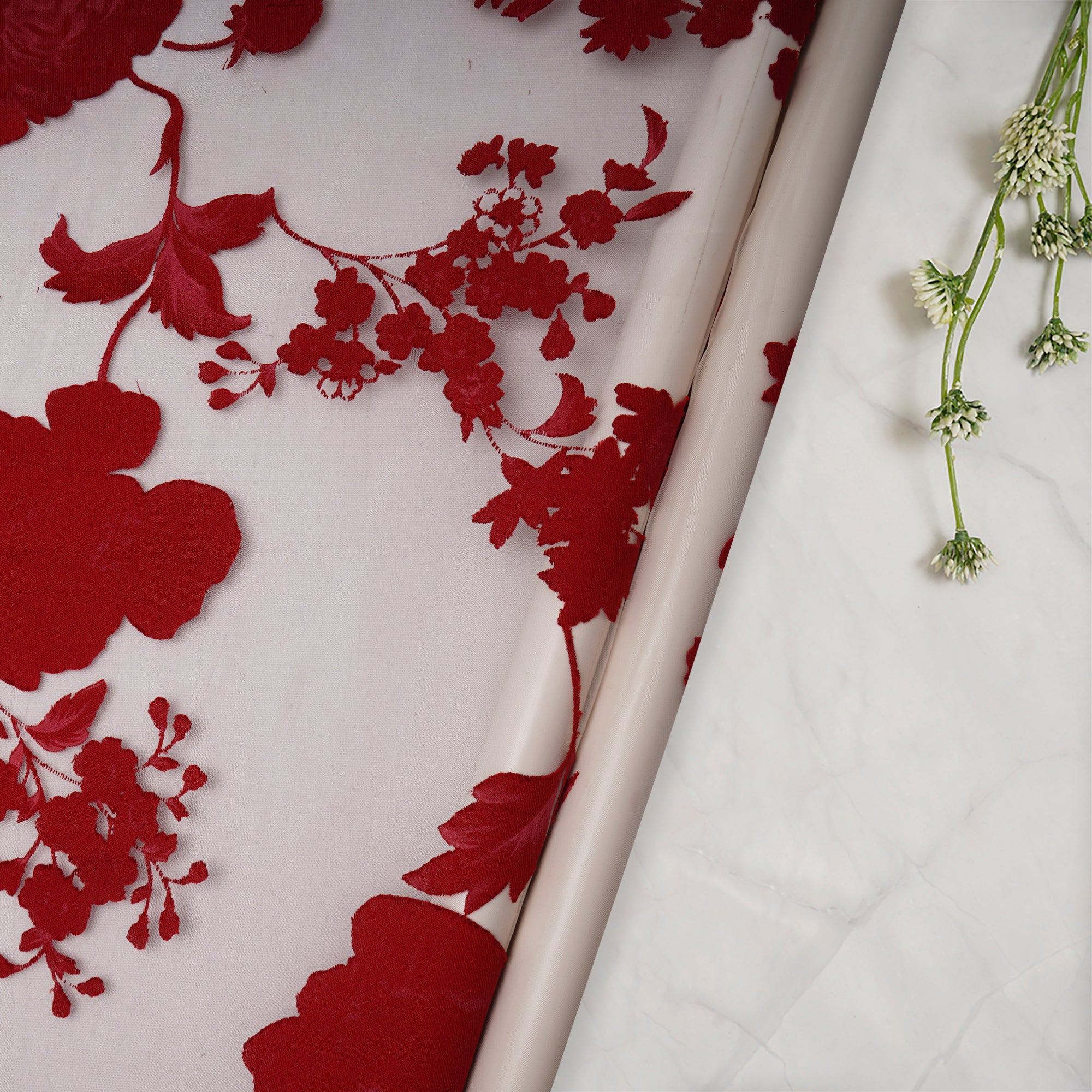 Blood Red-White Floral Pattern Brasso Organza Fabric