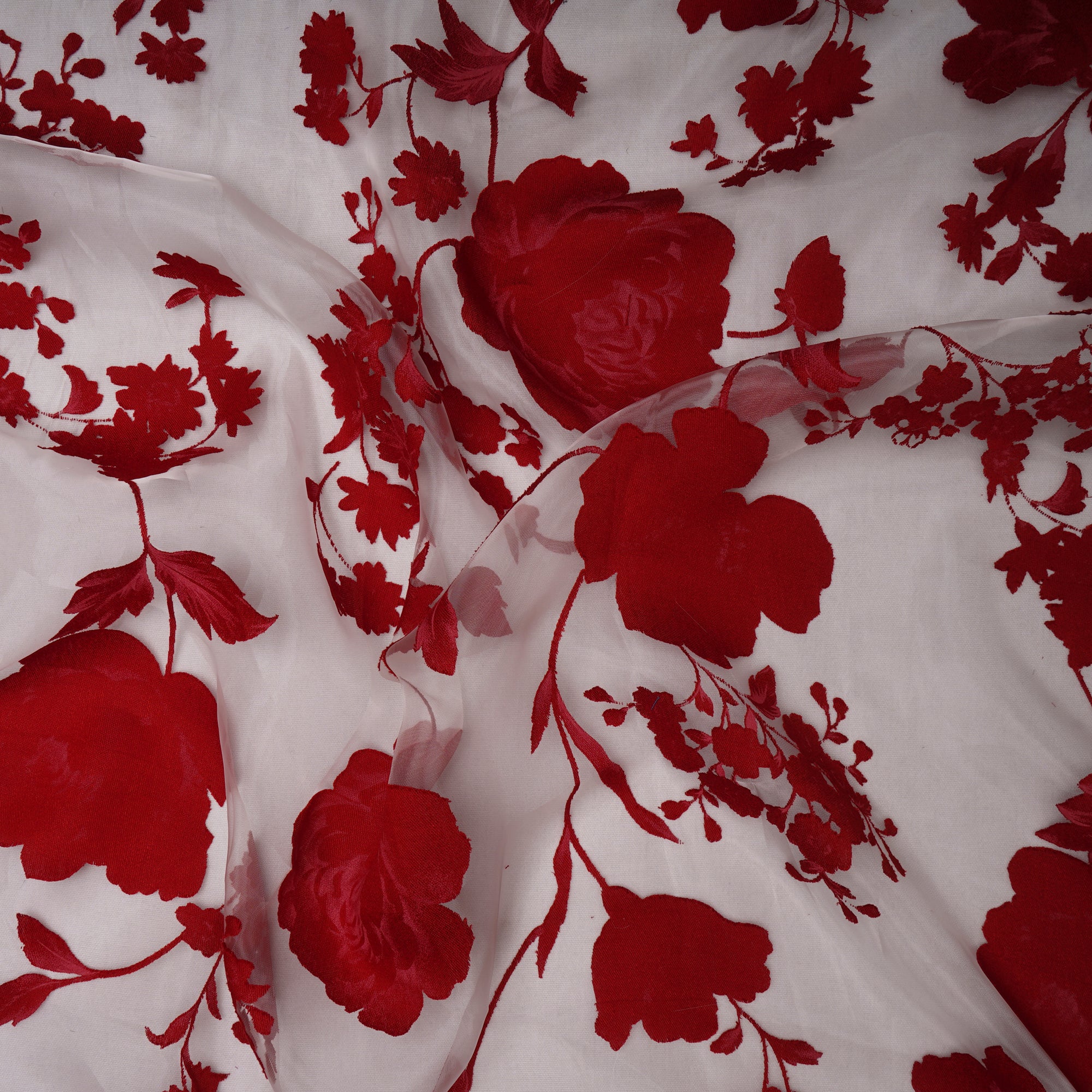 Blood Red-White Floral Pattern Brasso Organza Fabric