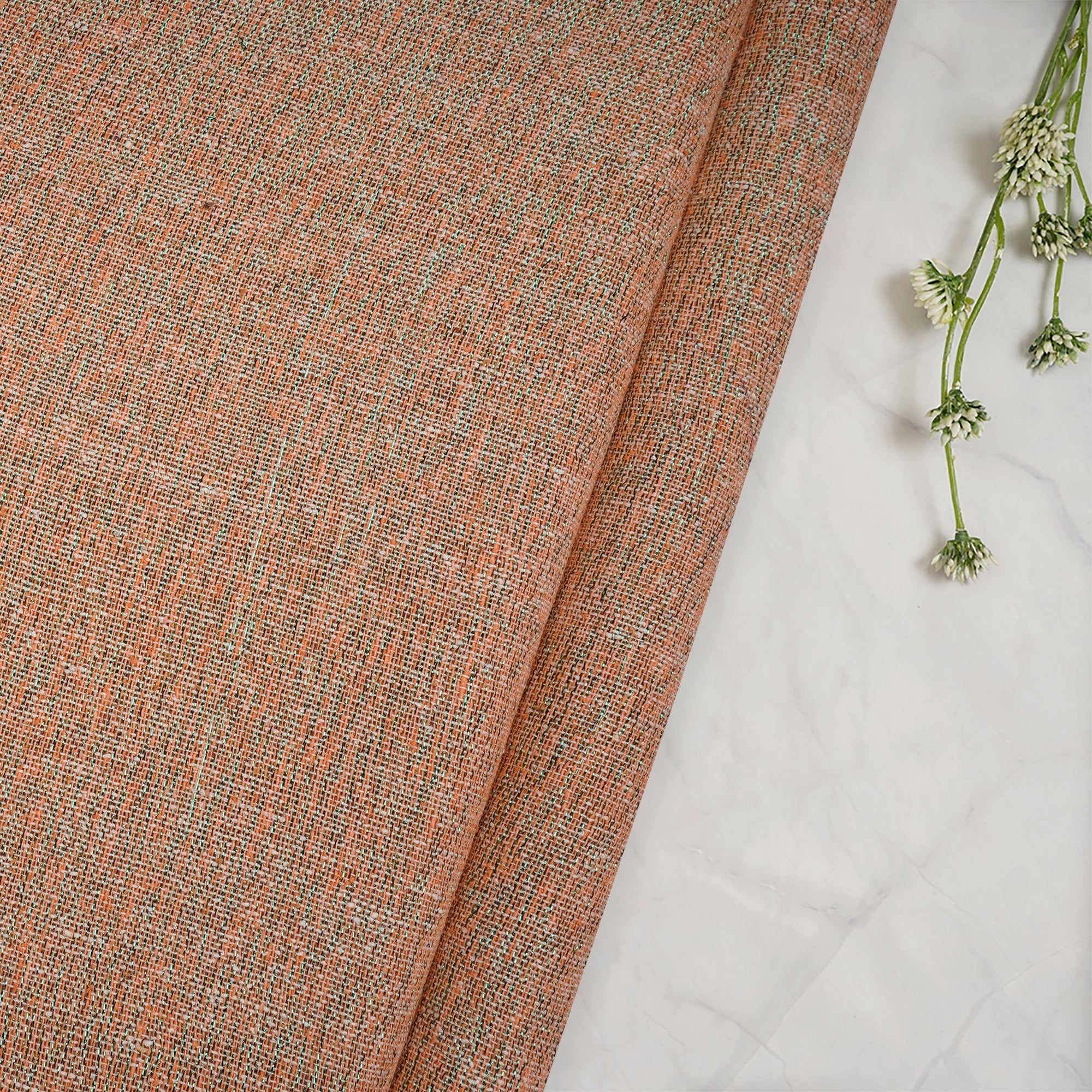 (Pre-Cut 2.40 Mtr)Peach Puff-Green Noile Silk Linen Fabric