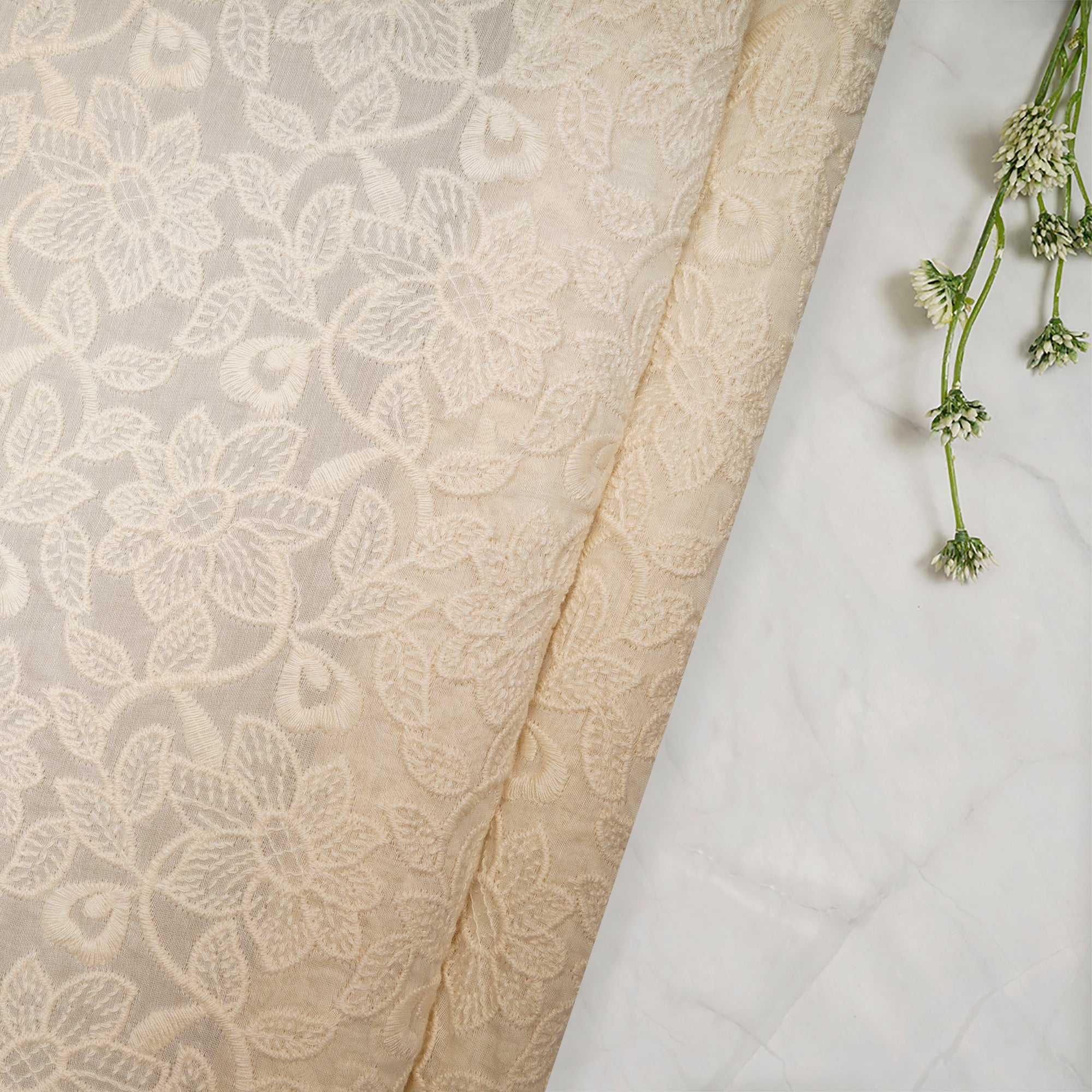 (Pre Cut 0.90 Mtr )White Floral Pattern Embroidered Fine Chanderi Fabric