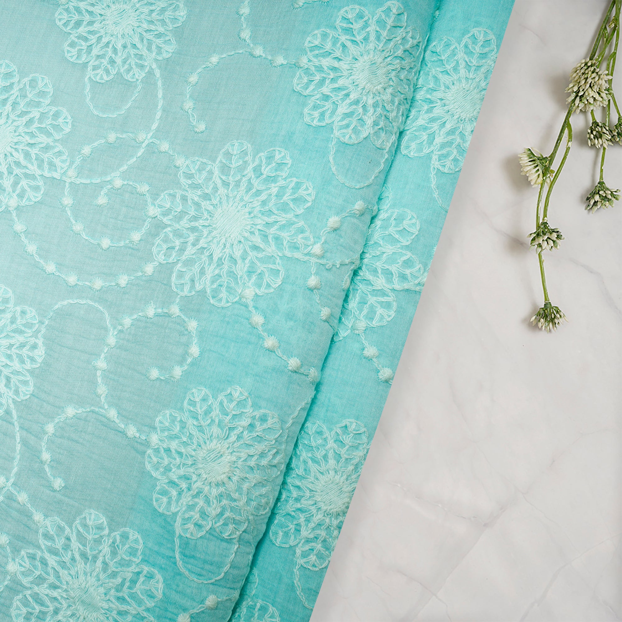 (Pre Cut 0.65 Mtr )Sky Blue Embroidered Fine Chanderi Fabric