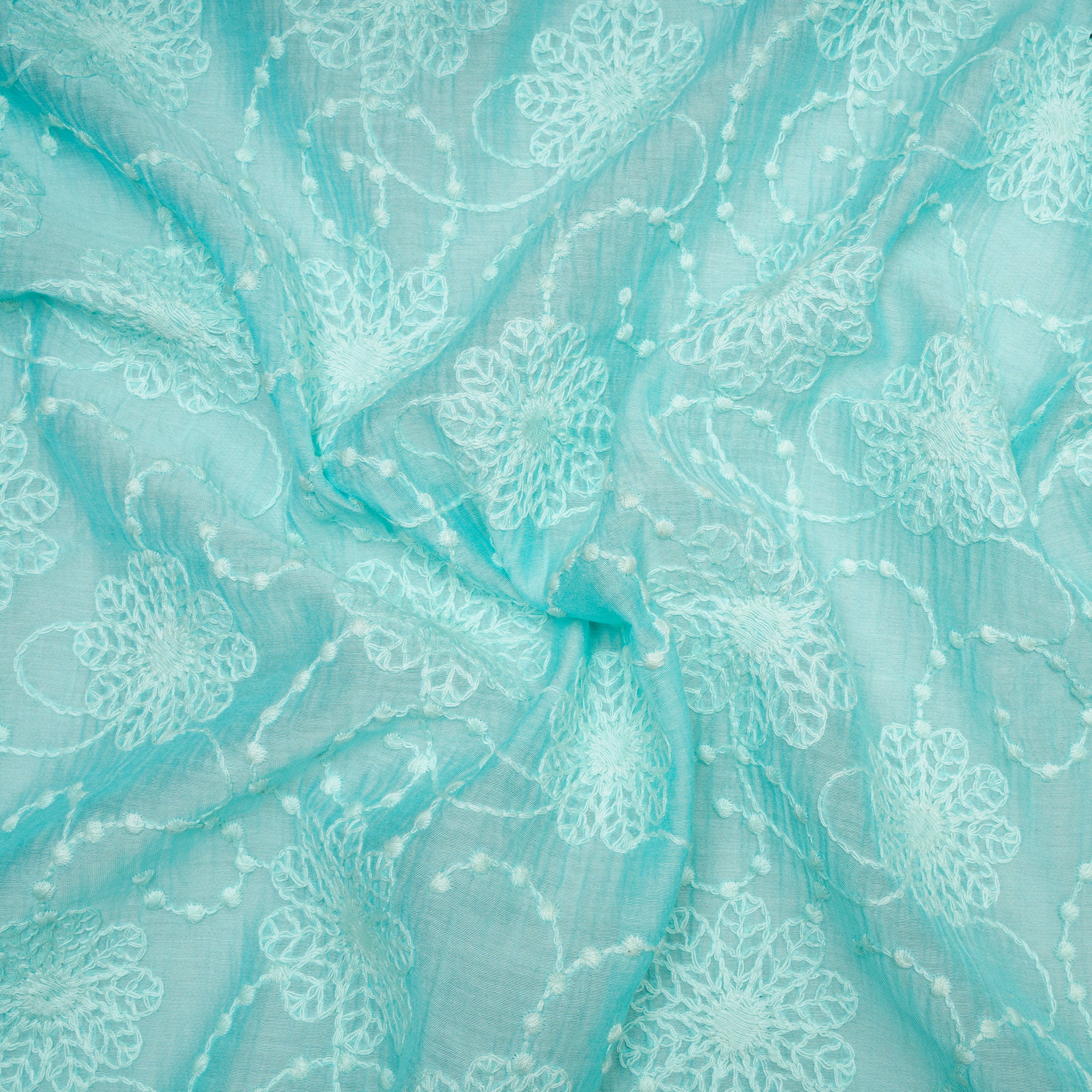 (Pre Cut 0.65 Mtr )Sky Blue Embroidered Fine Chanderi Fabric