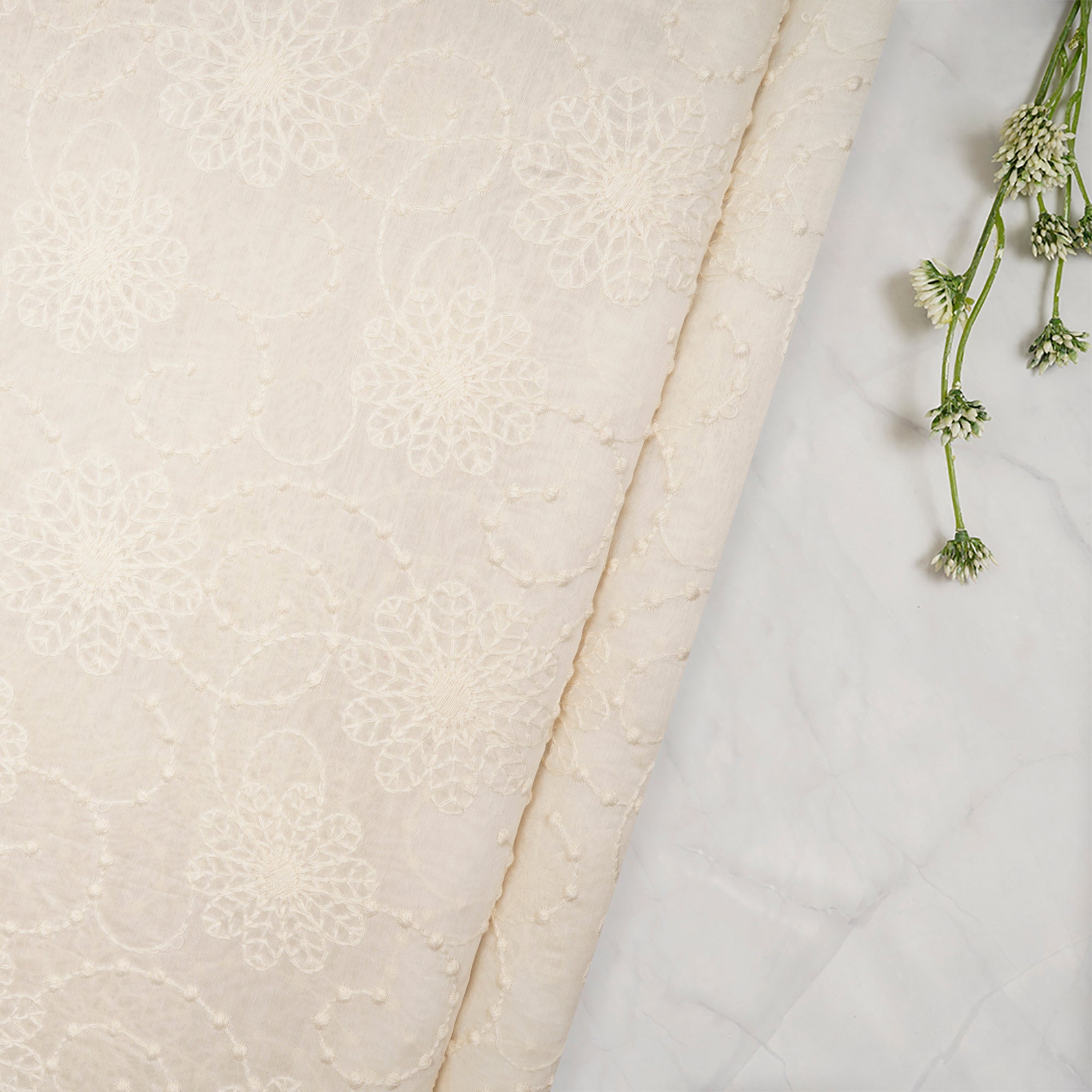 (Pre-Cut 3.00 Mtr)White Color Embroidered Fine Chanderi Fabric