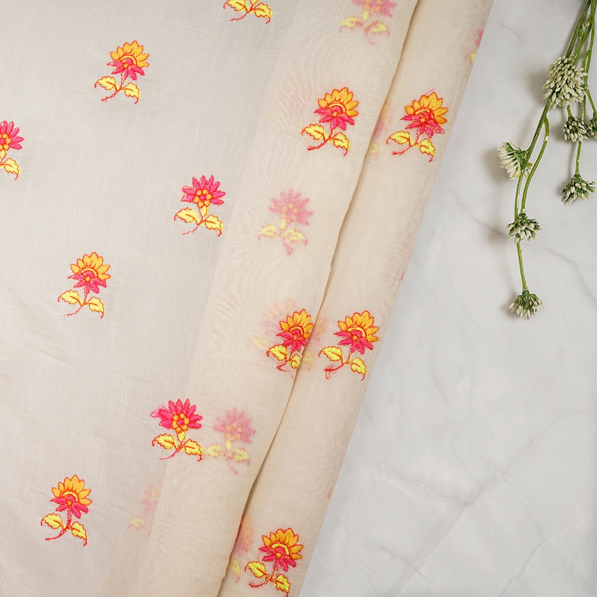 (Pre Cut 0.90 Mtr )Off White Color Embroidered Pure Chanderi Fabric