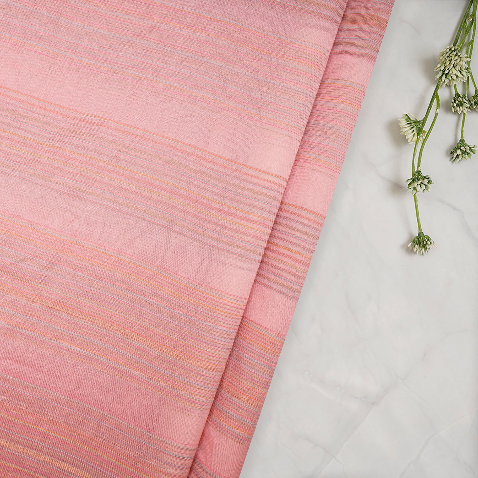 (Pre-Cut 3.00 Mtr)Flamingo pink Color Handwoven Maheshwari Silk Fabric