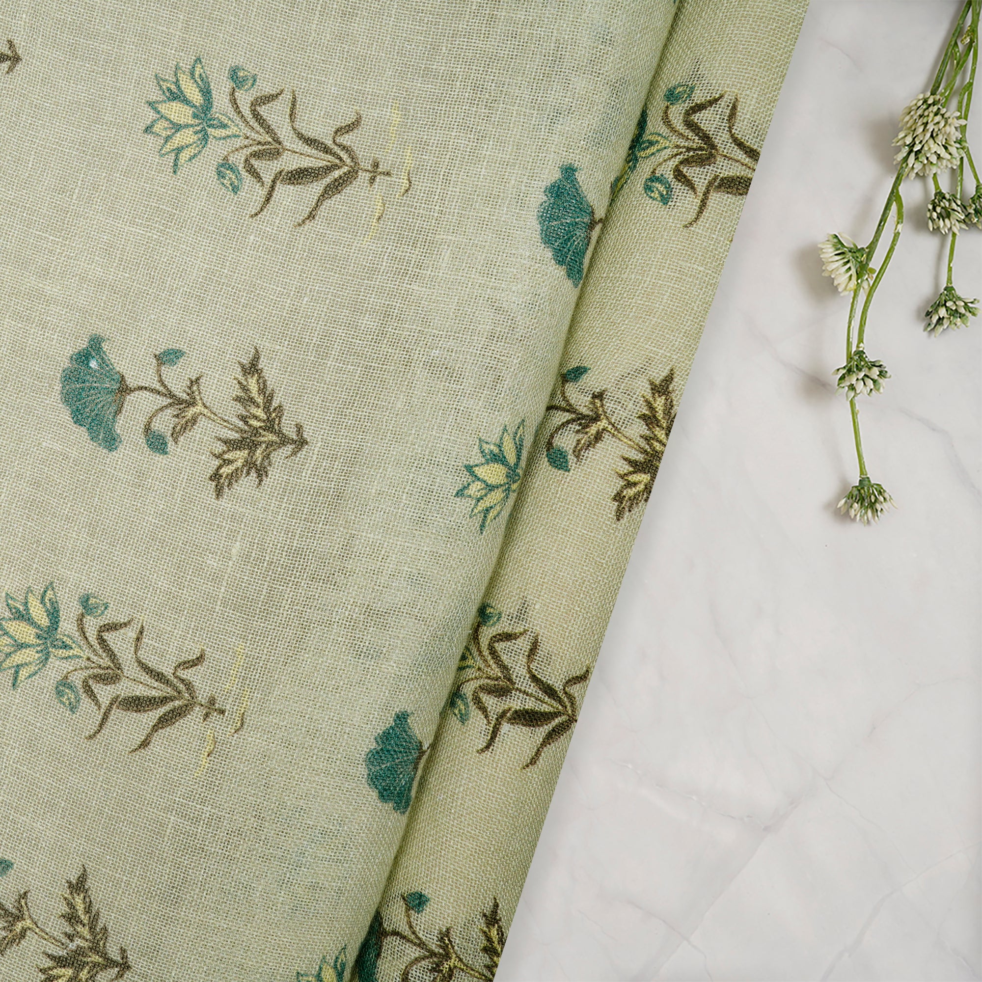 (Pre-Cut 0.80 Mtr)Mint Green Floral Pattern Digital Print Gauge Linen Fabric