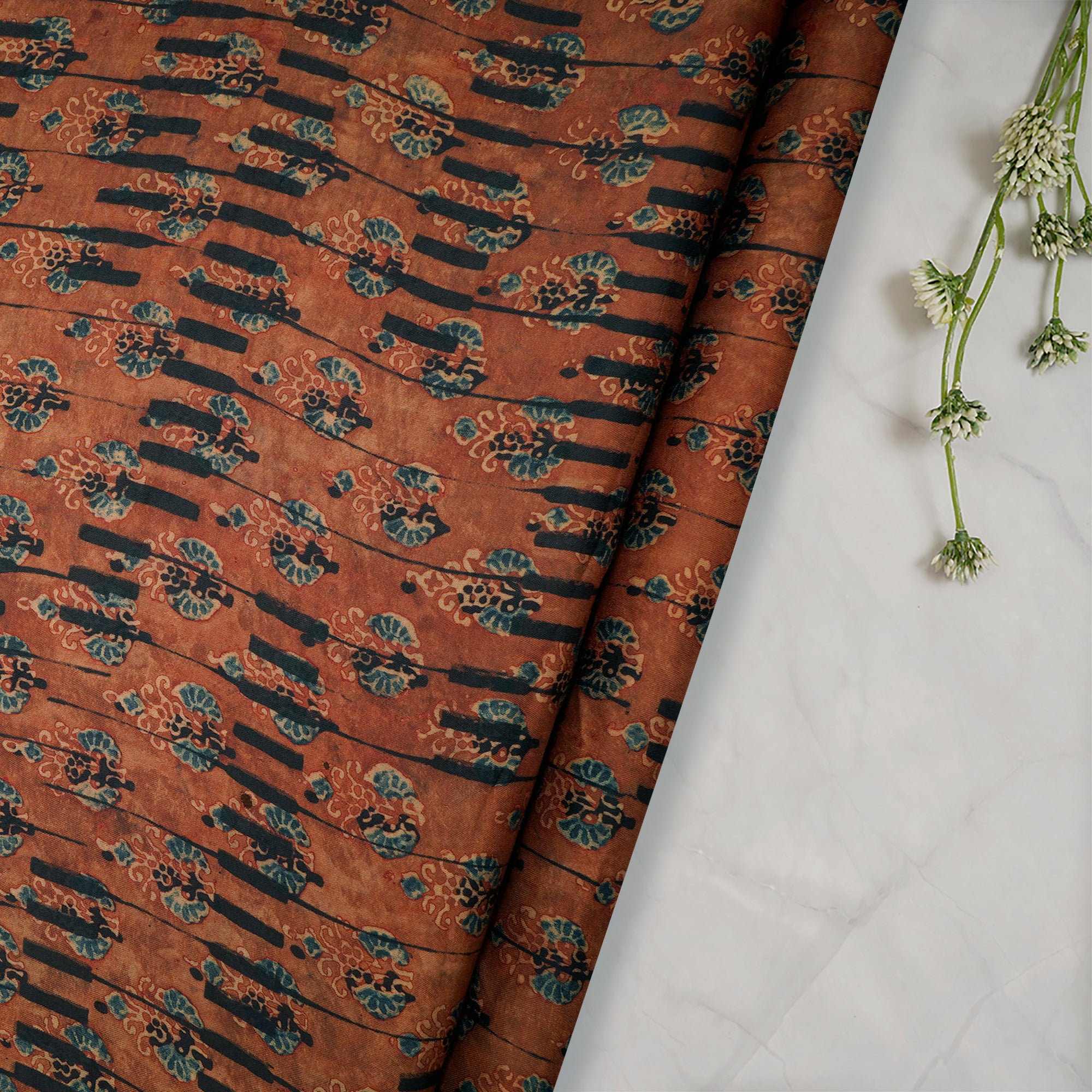 (Pre Cut 1 Mtr ) Brown Color Handcrafted Ajrak Printed Modal Satin Fabric