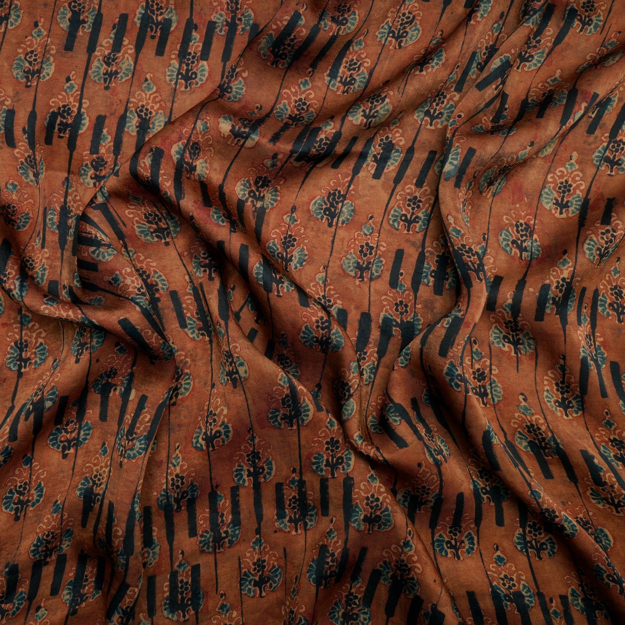 (Pre Cut 1 Mtr ) Brown Color Handcrafted Ajrak Printed Modal Satin Fabric