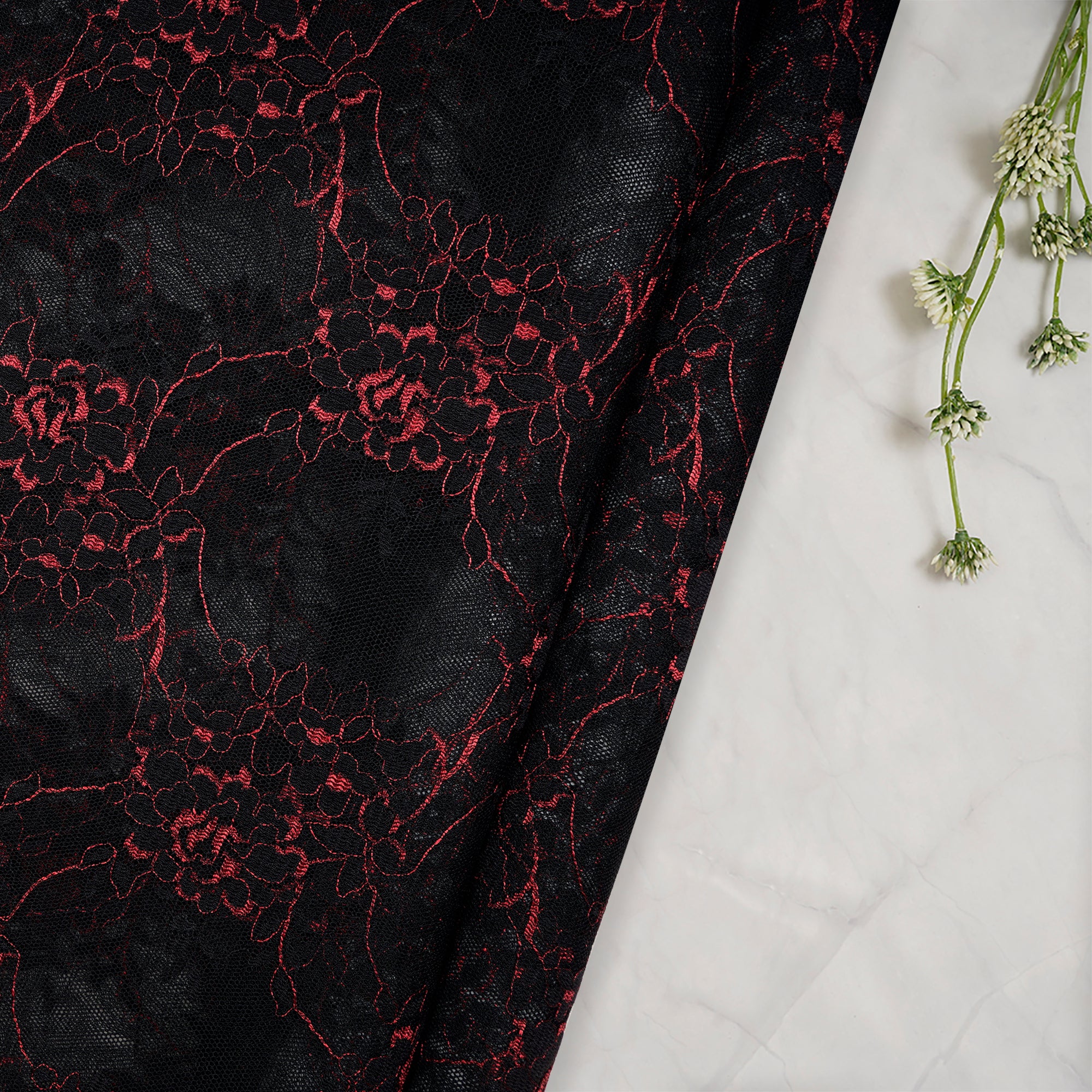 (Pre-Cut 2.80 Mtr)Black-Red Floral Pattern Embroidered Nylon Net Fabric