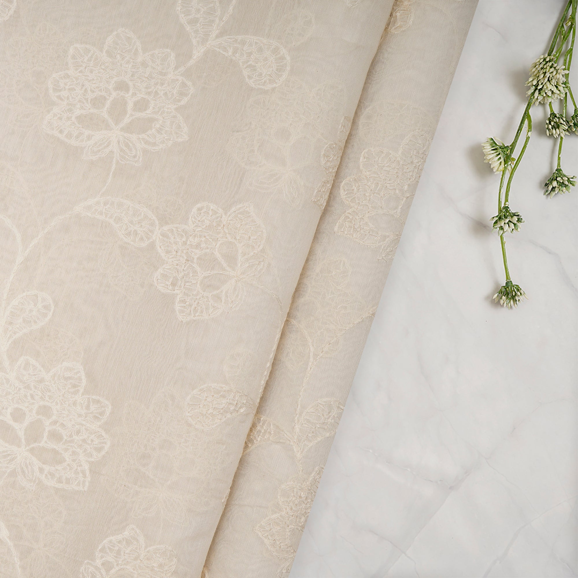 (Pre-Cut 0.85 Mtr)White All Over Pattern Thread Embroidered Fine Chanderi Fabric