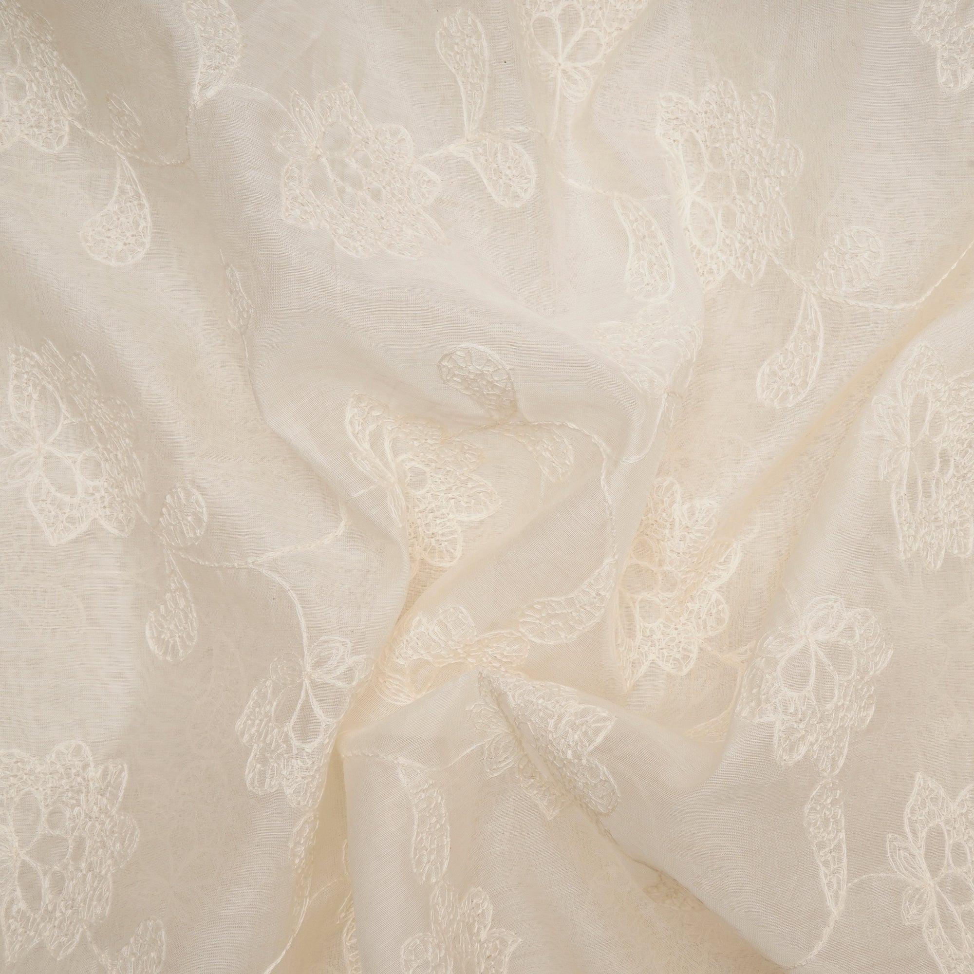 (Pre-Cut 0.85 Mtr)White All Over Pattern Thread Embroidered Fine Chanderi Fabric