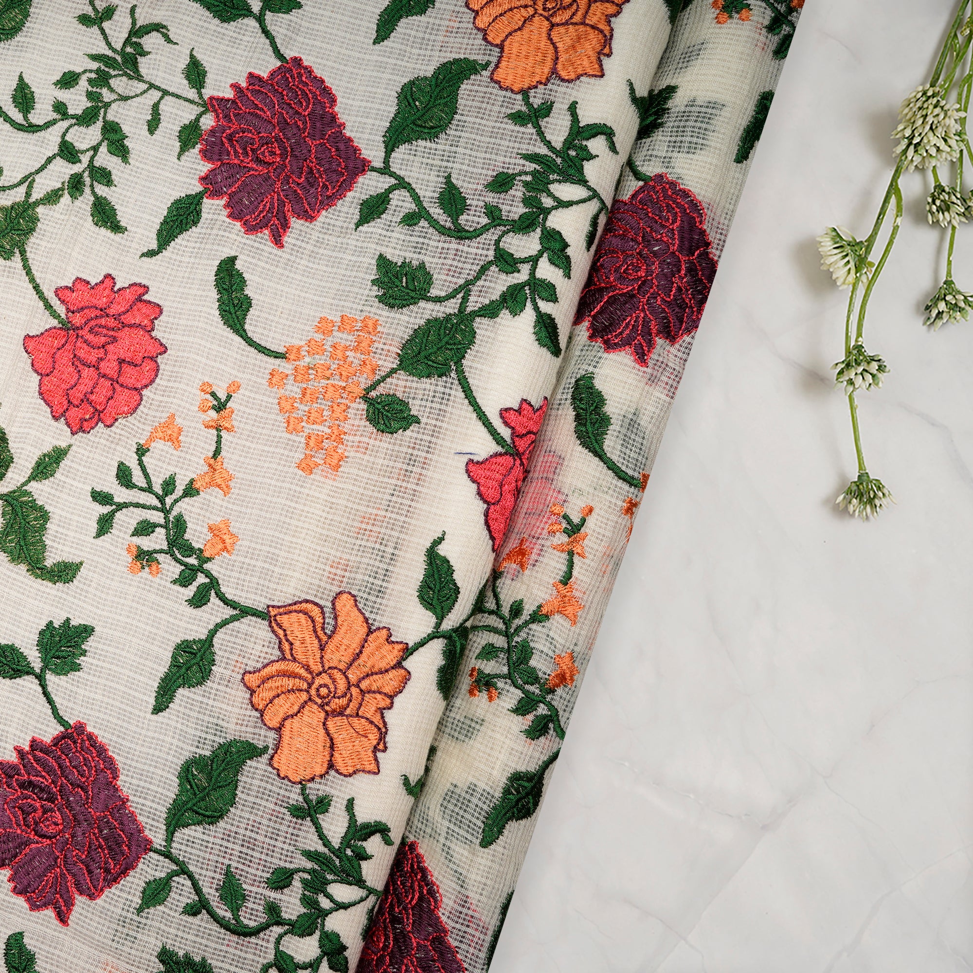 (Pre-Cut 1.00 Mtr) Multi Color Floral Pattern Embroidered Cotton Kota Fabric