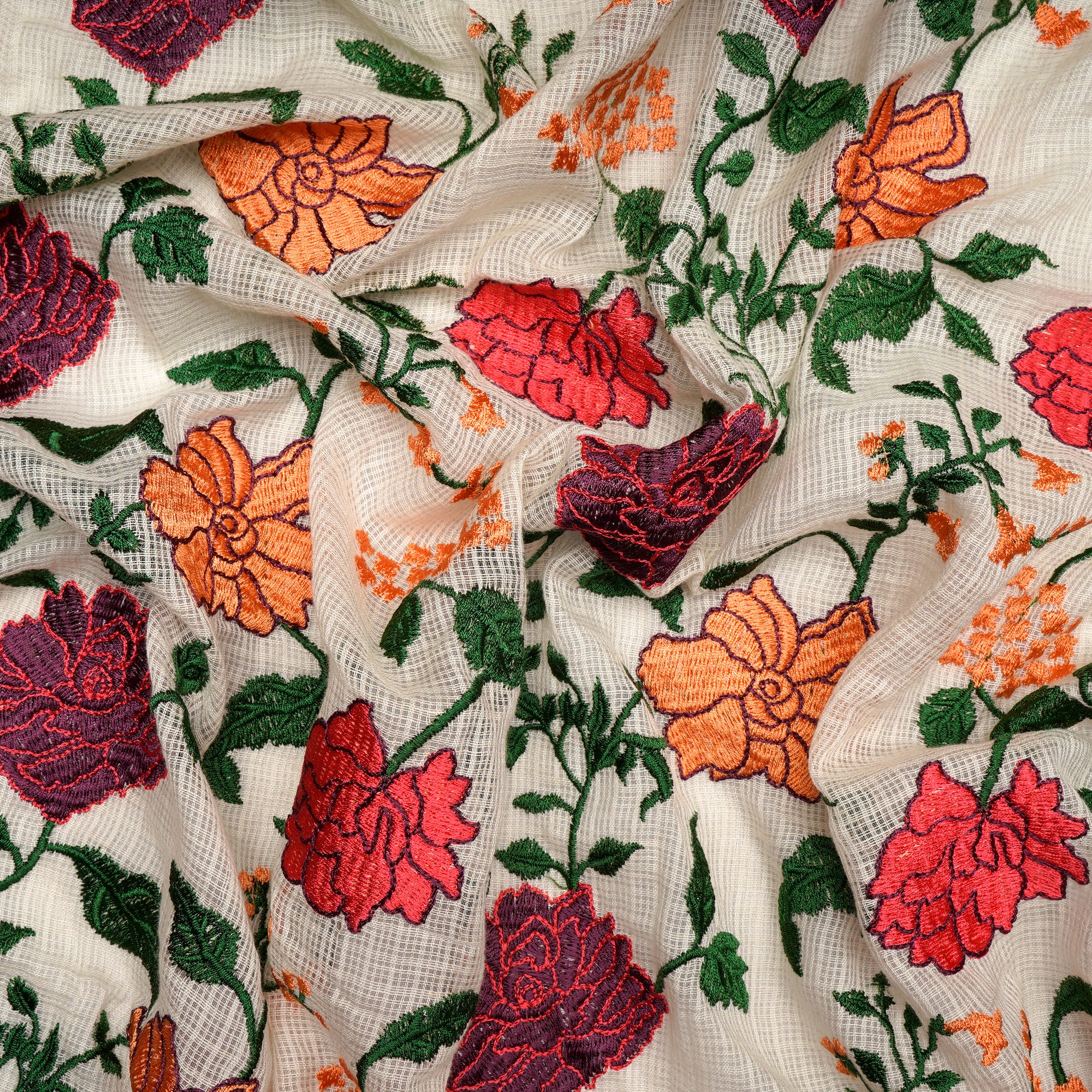 (Pre-Cut 1.00 Mtr) Multi Color Floral Pattern Embroidered Cotton Kota Fabric
