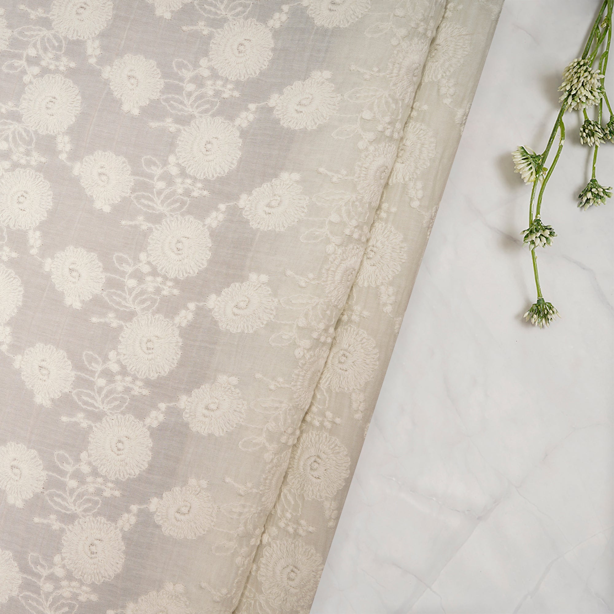 (Pre Cut 1 Mtr ) White Color Embroidered Fine Chanderi Fabric