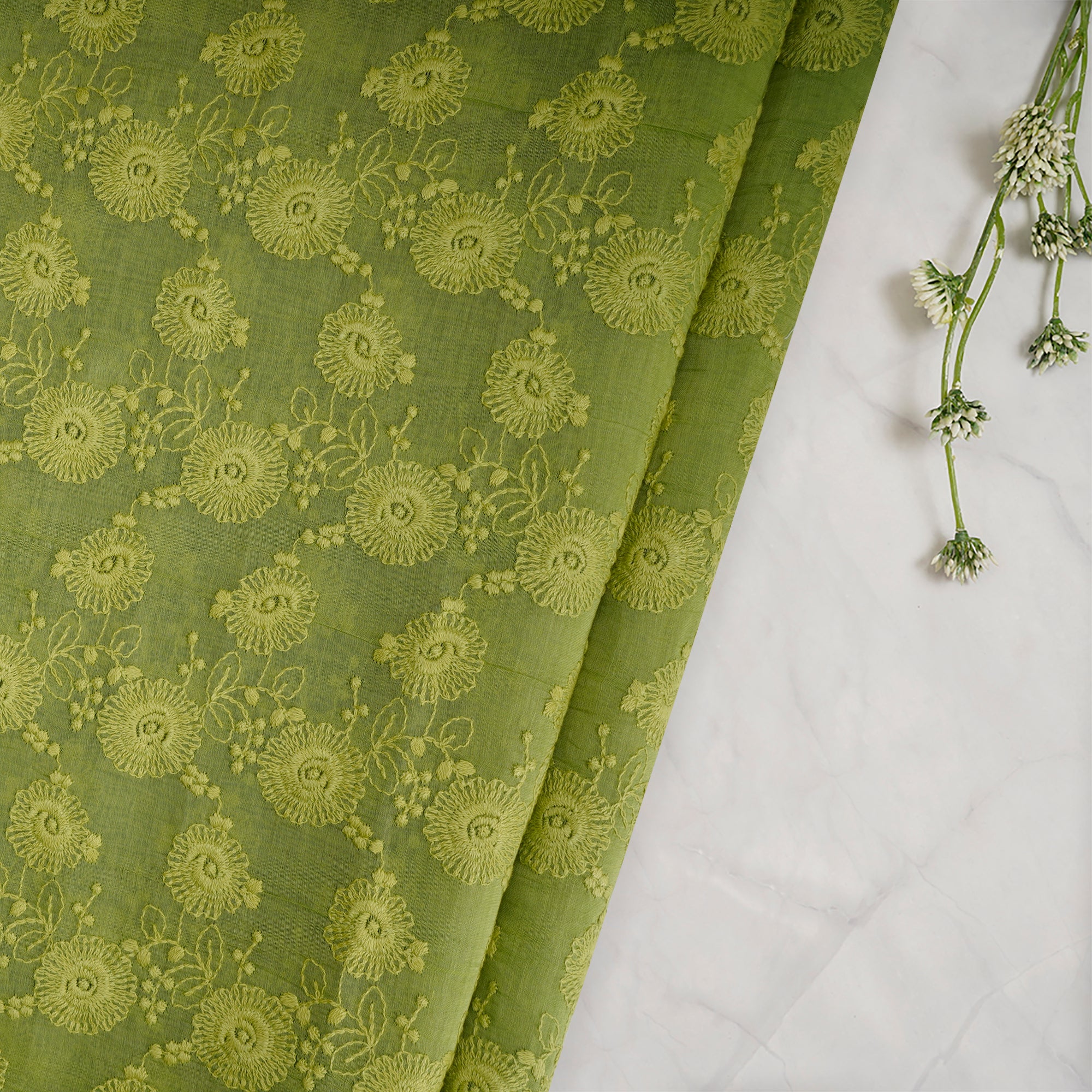 (Pre-Cut 3.25 Mtr)Greenary Floral Pattern Thread Embroidered Fine Chanderi Fabric