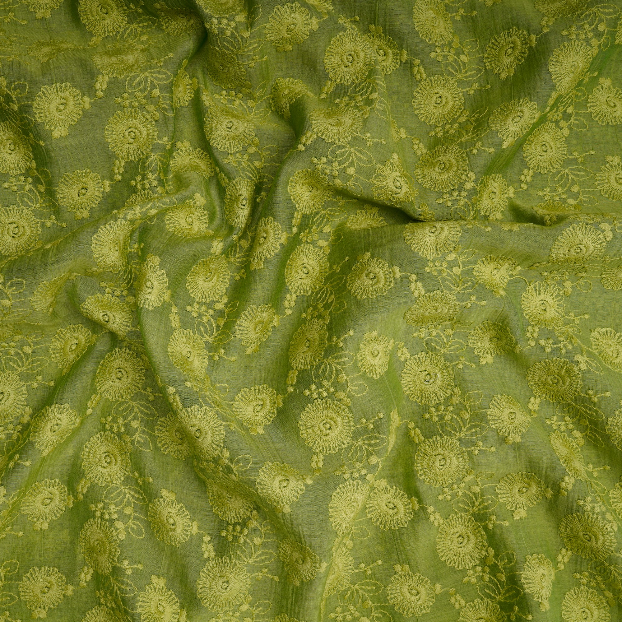 (Pre-Cut 3.25 Mtr)Greenary Floral Pattern Thread Embroidered Fine Chanderi Fabric