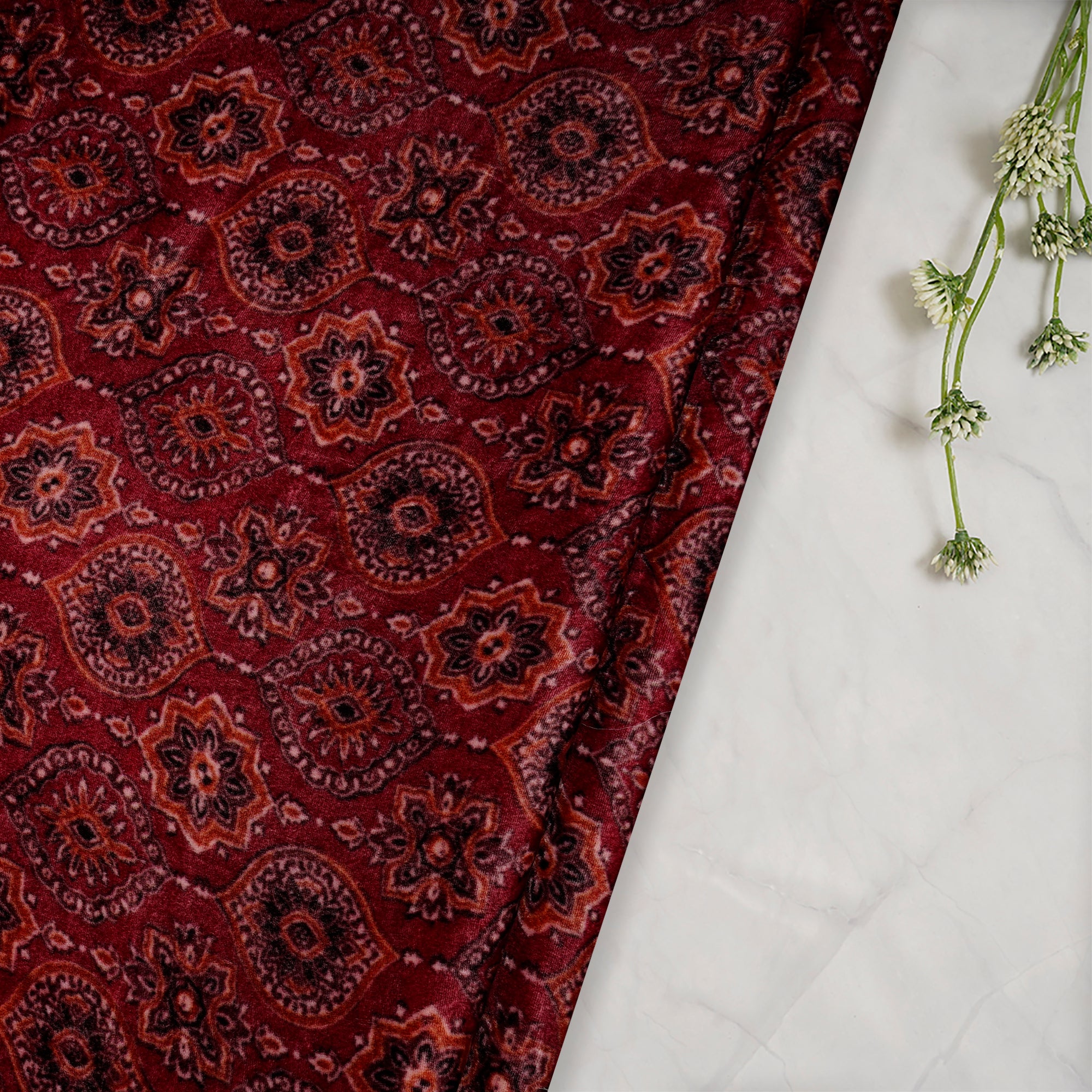 (Pre-Cu 2.00 Mtr)Maroon Ajrak Pattern Digital Printed Silk Velvet Fabric