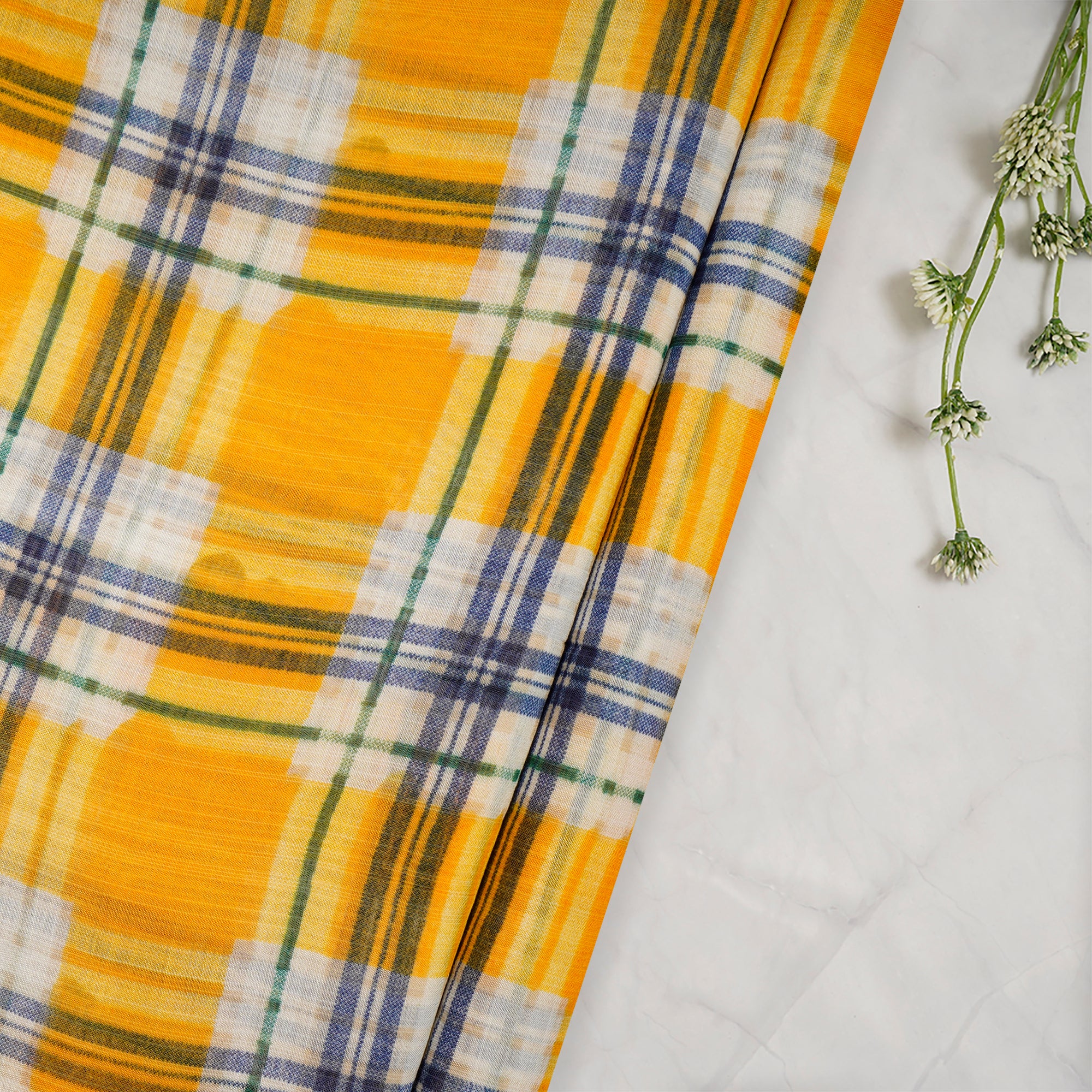 (Pre-Cut 1.10 Mtr)Yellow Check Pattern Digital Print Fine Muslin Fabric