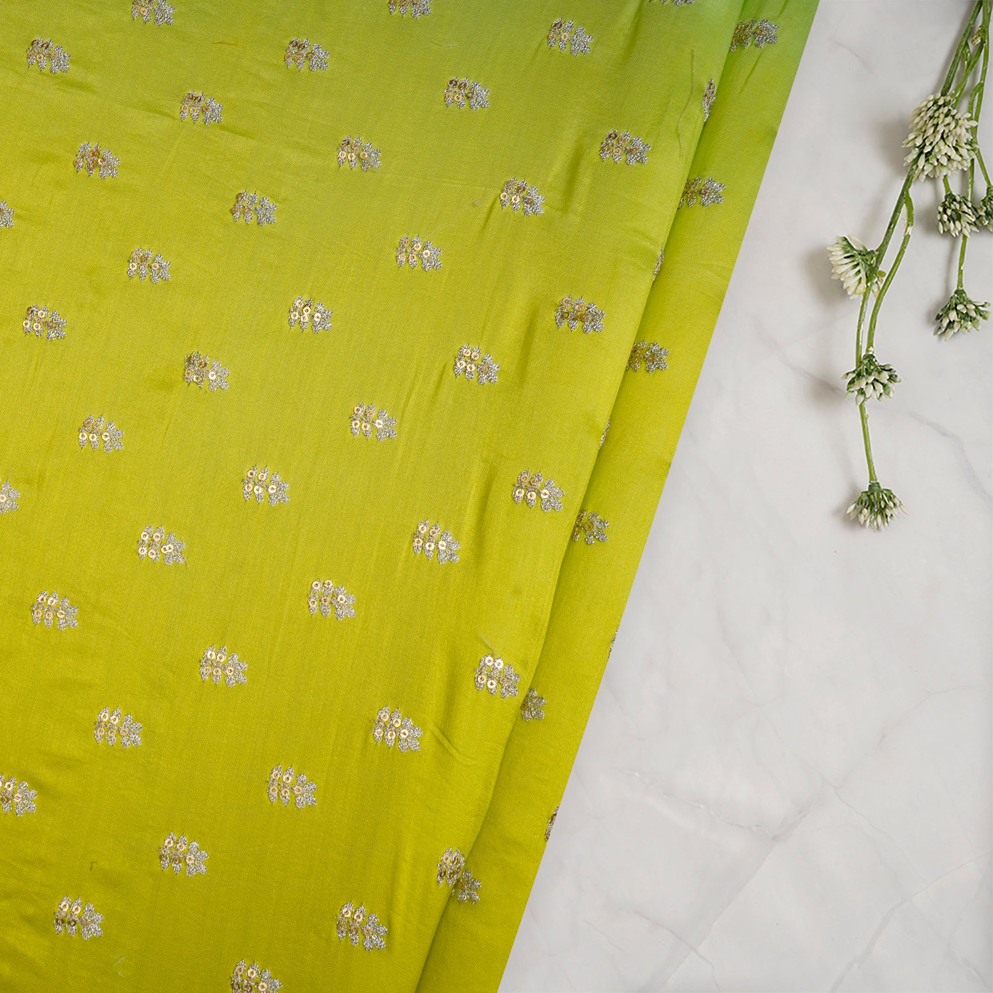 (Pre-Cut 3.30 Mtr)Parrot Green Booti Pattern Embroidered Chanderi Fabric